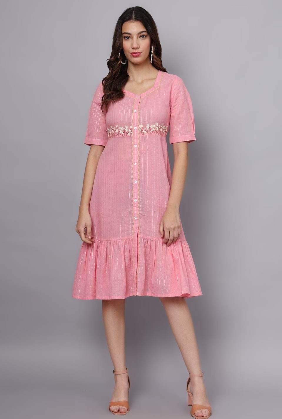 PINK LUREX EMBROIDERED TIER DRESS