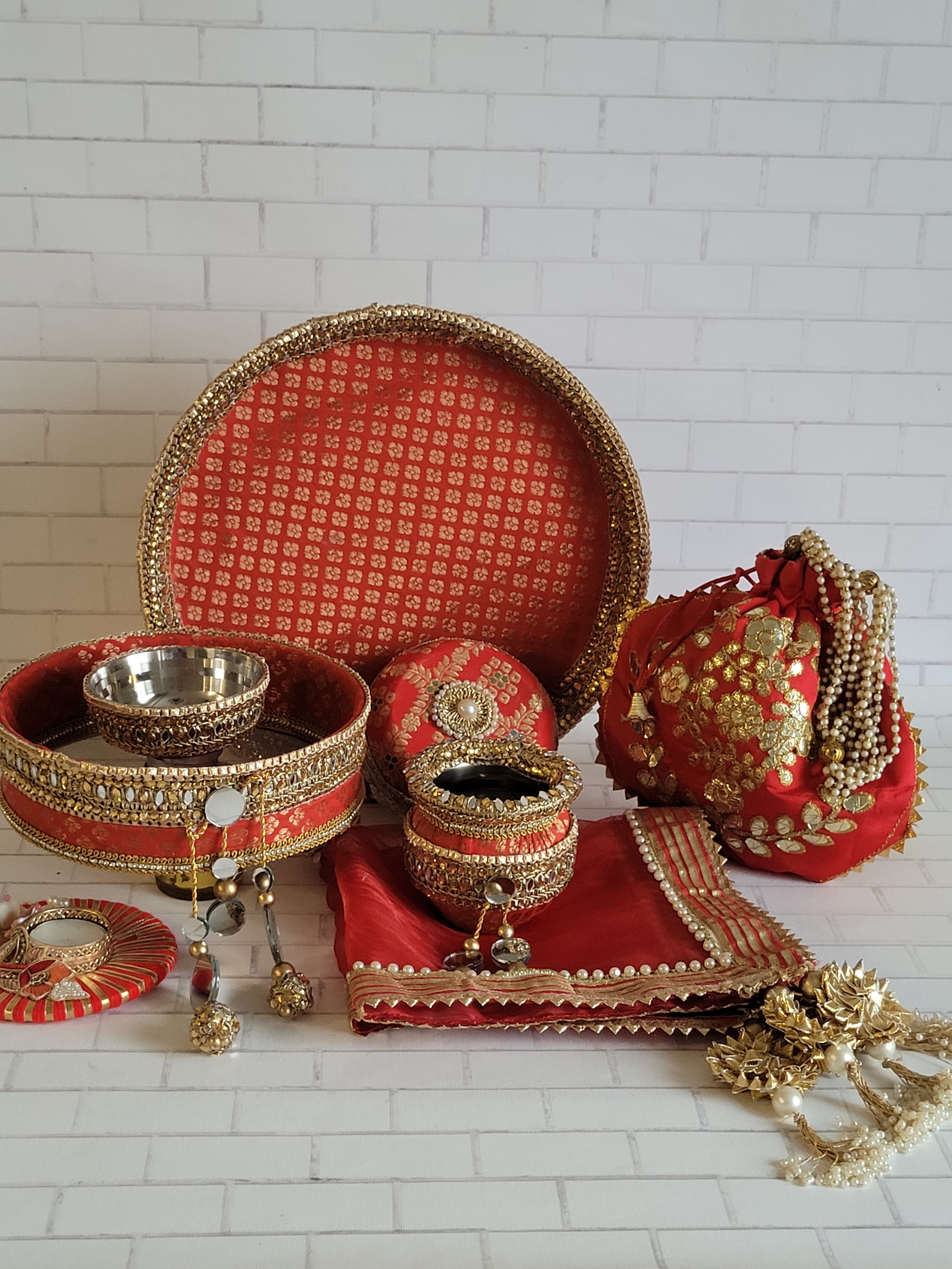 Red Gold Mirror work Karva Chauth Thali Set