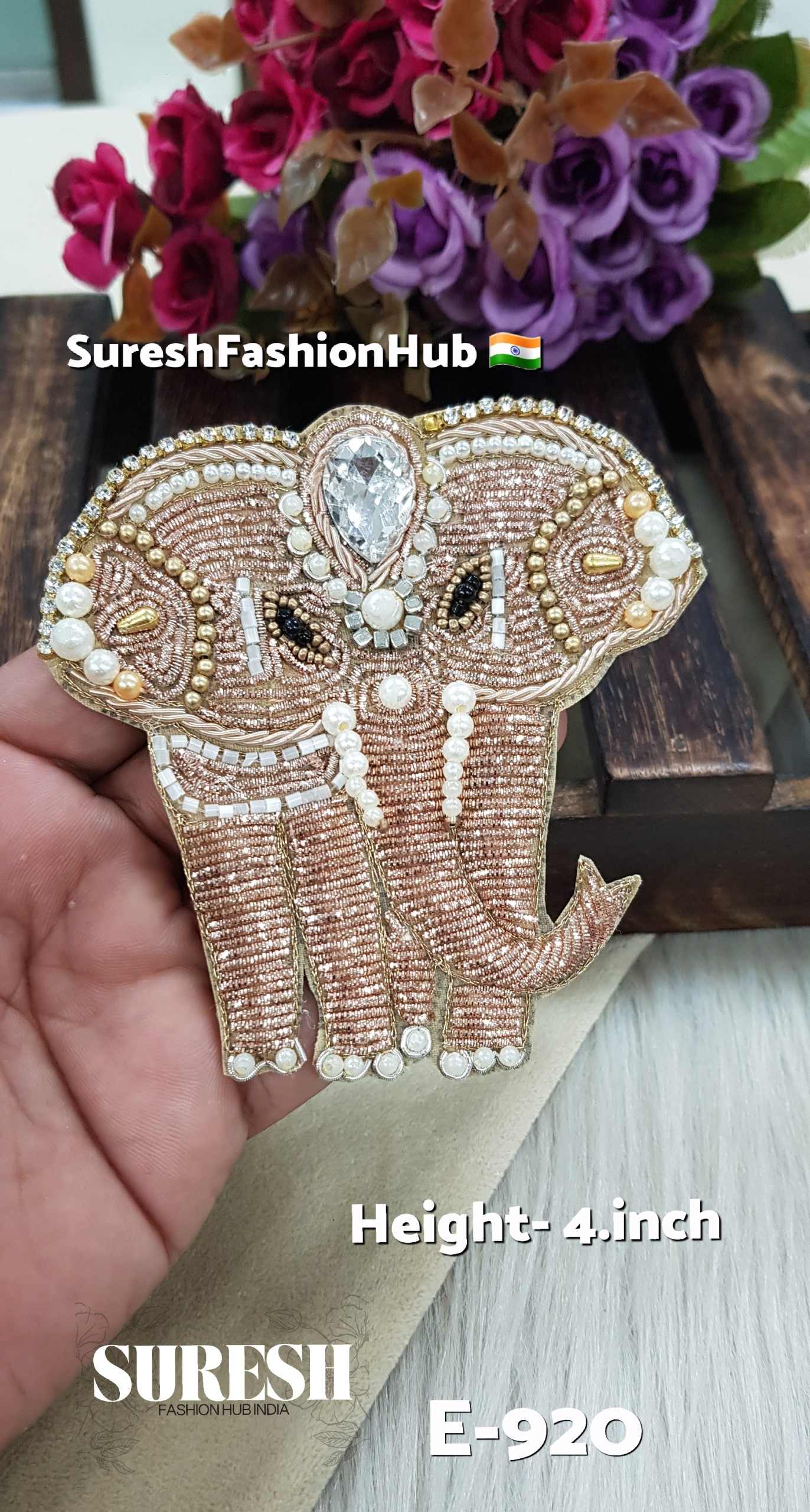 Left Side Facing Rose Gold Zardosi Elephant Patch – E-920