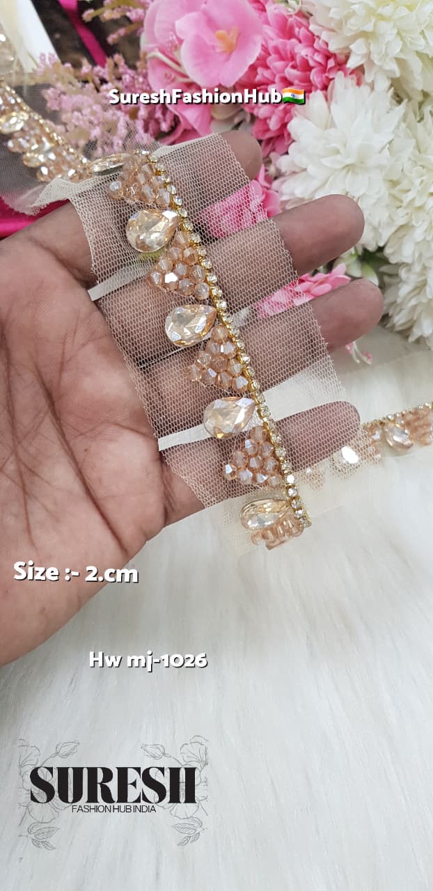 Gold Handmade Drop Rhinestone & Crystal Border on Net – M.J-1026