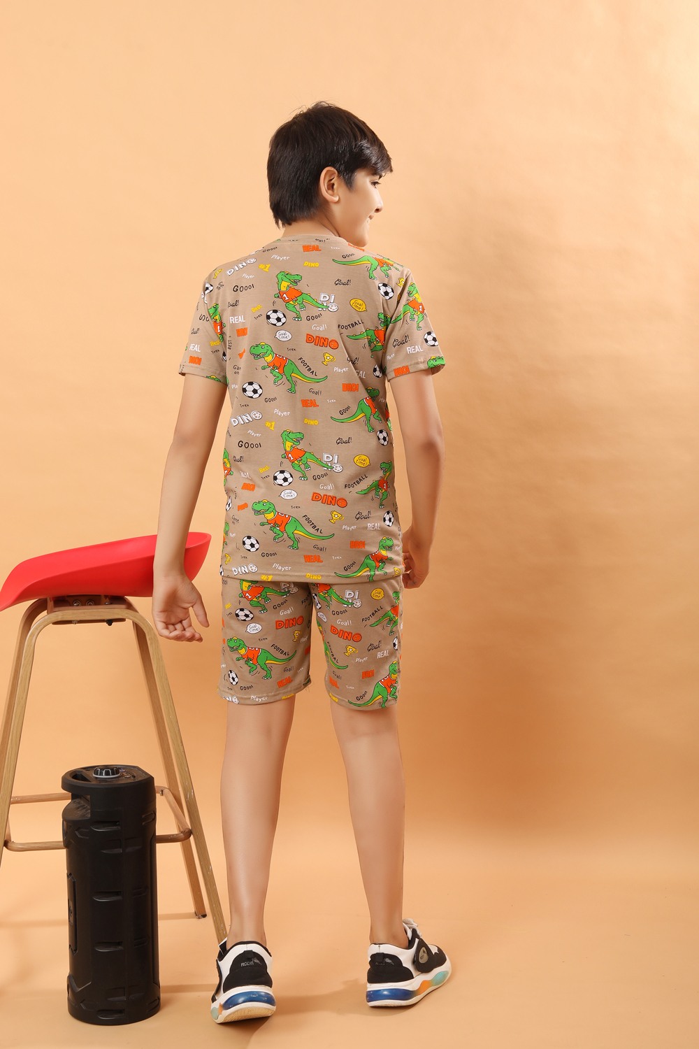 Ninos Dreams Boys Dino Print 100 % Cotton Knit Half sleeves Coord Set with T-Shirt & Shorts-Brown