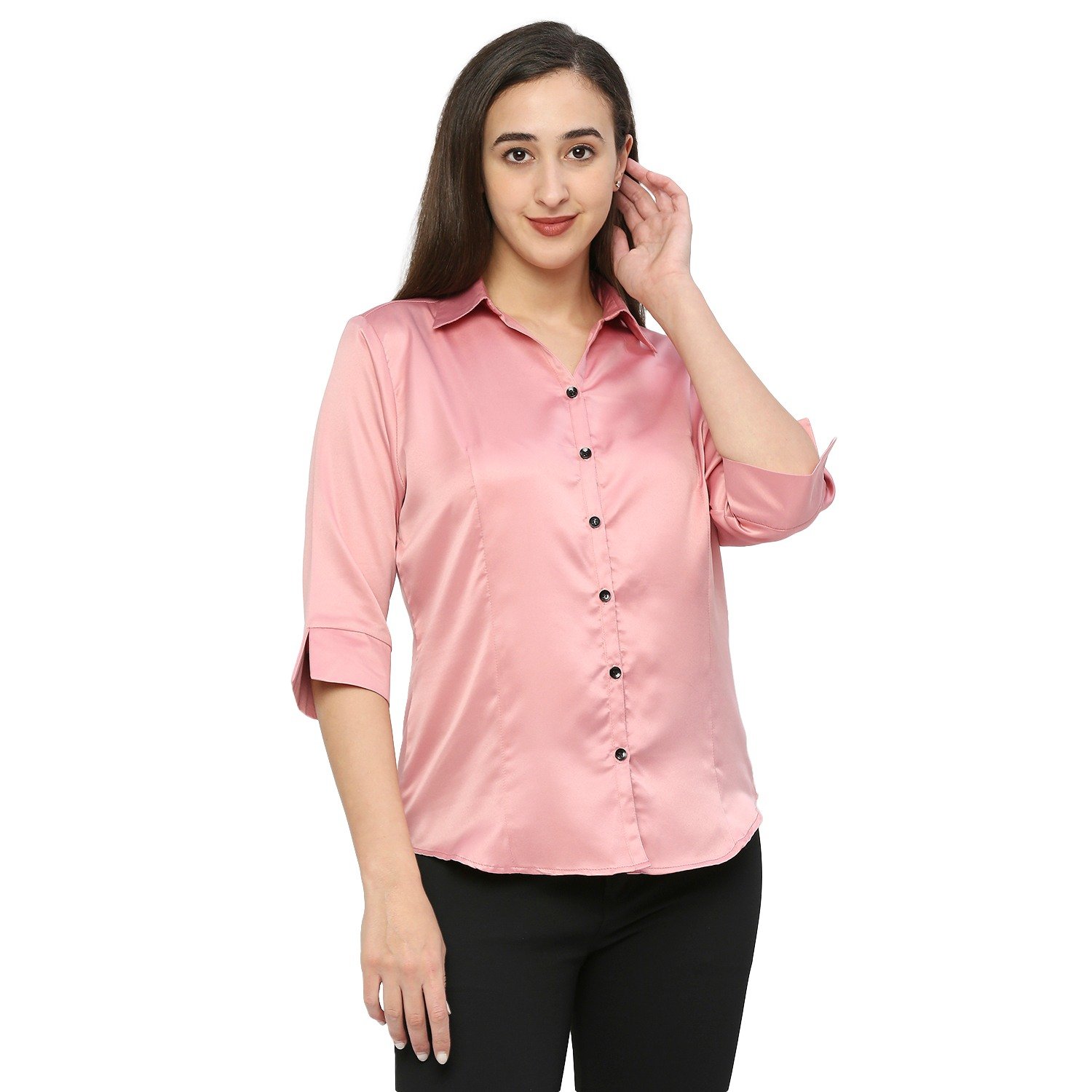 Smarty Pants women s silk satin rose gold color formal shirt