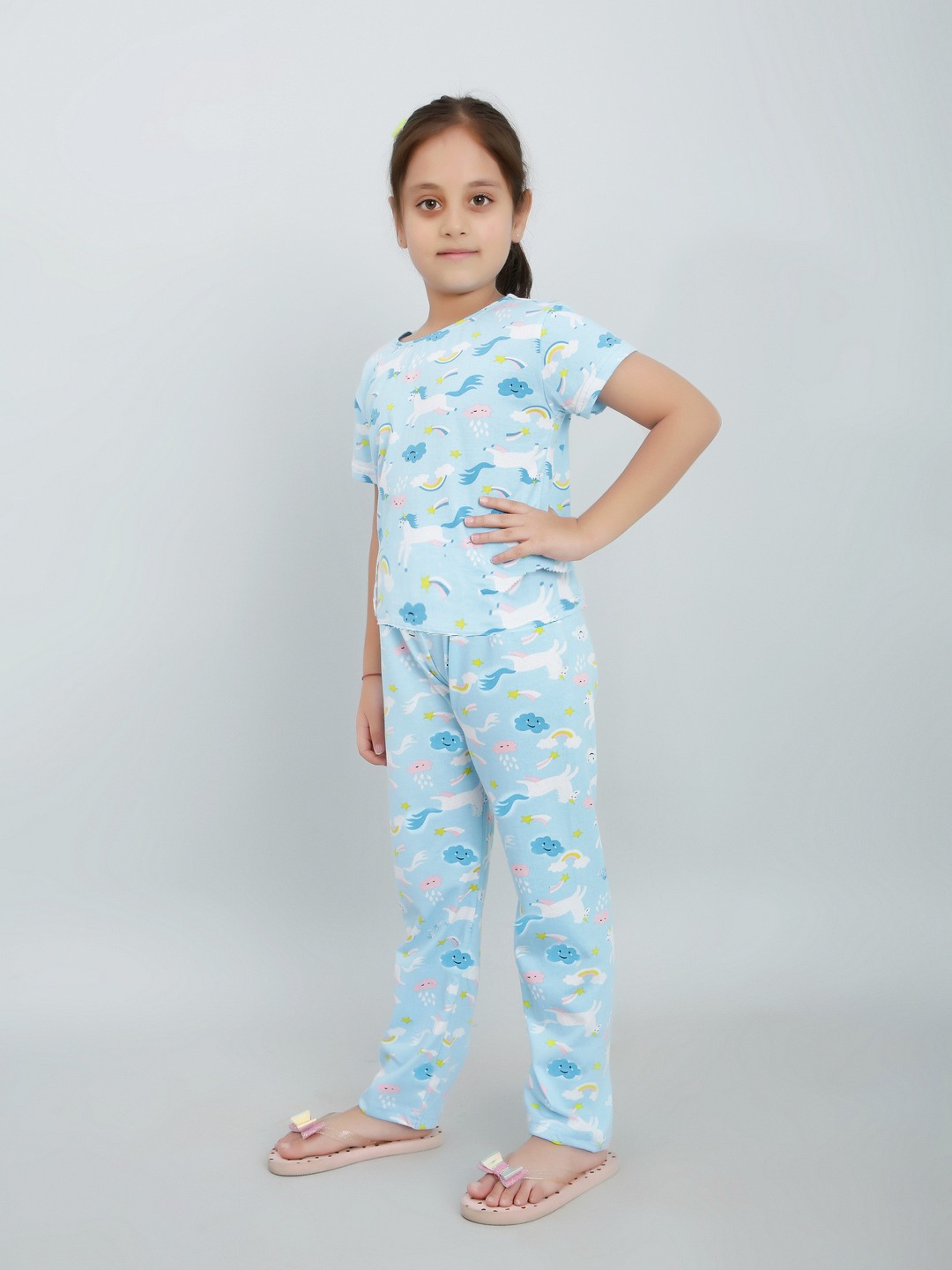 Ninos Dreams Girls Cotton Half Sleeves Coord set Unicorn Printed with Lower - LightBlue