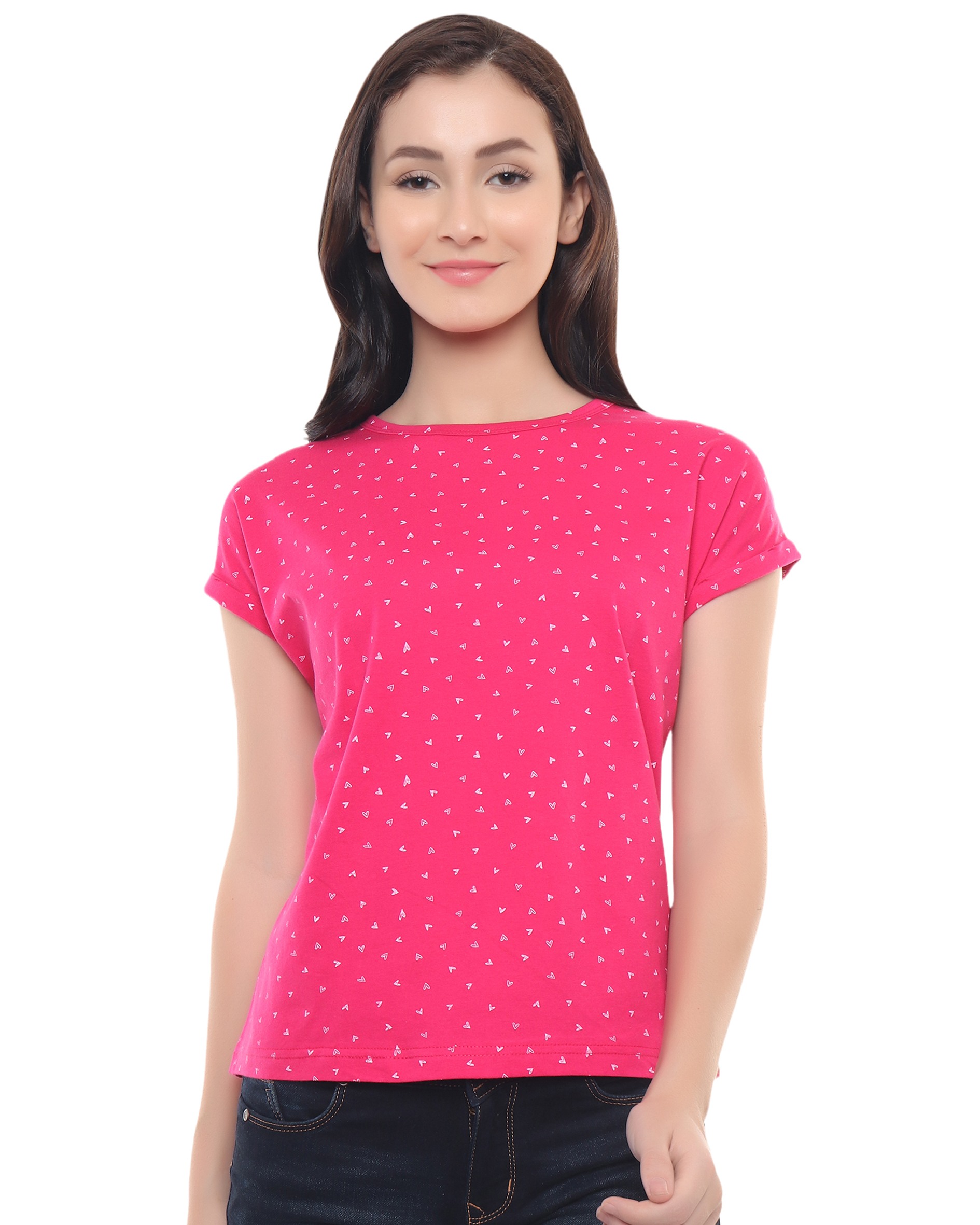 Magenta Printed Cotton T Shirt