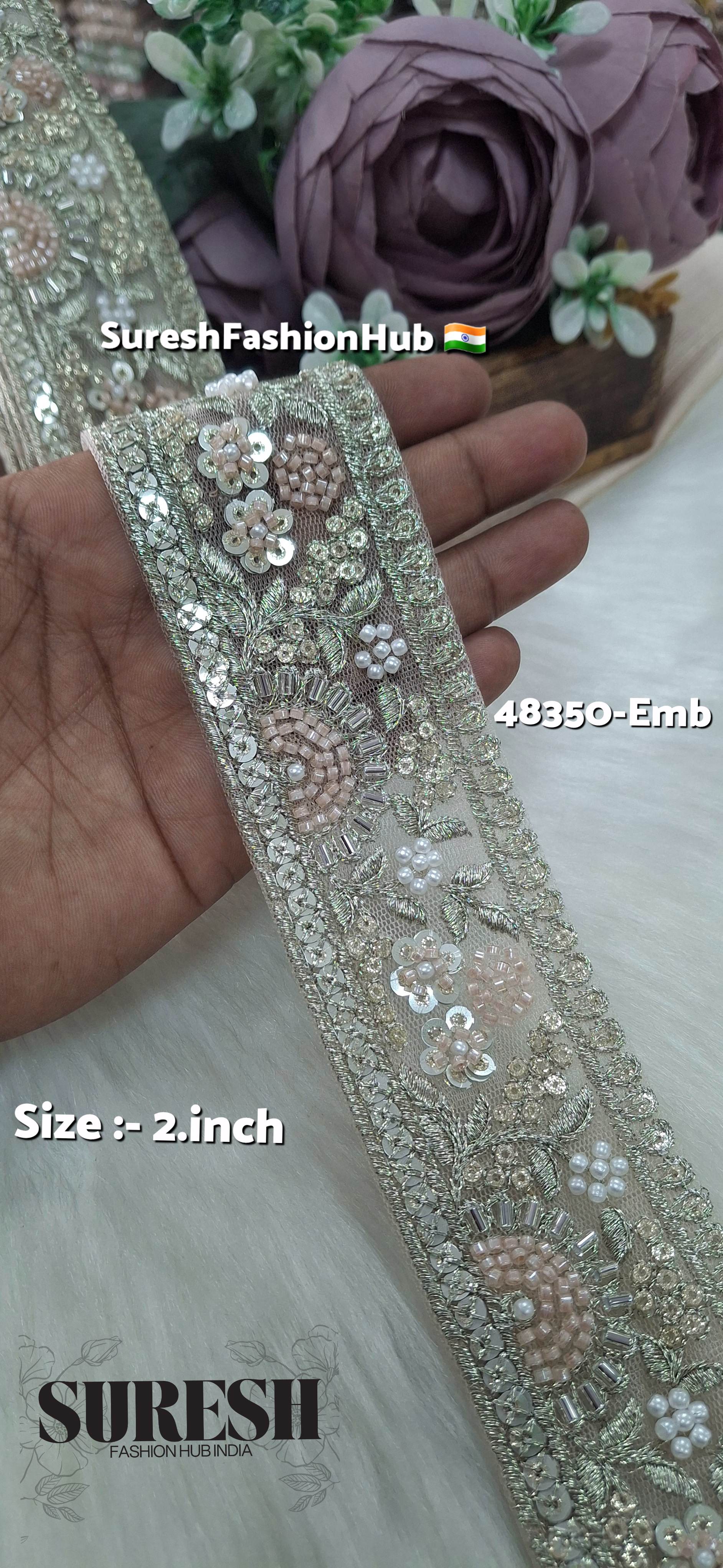 Light Peach PearlGlow Floral Net Embroidered Lace