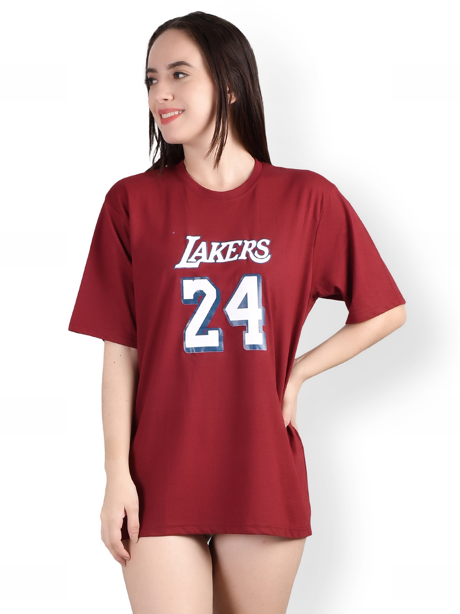 Weardo | Lakers : Quirky Printed Oversized Women's Tees In Maroon Color