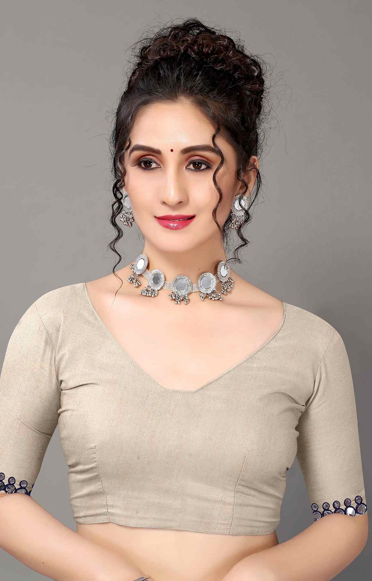 Women Navy Blue Solid Georgette Saree with Mirror Work Border - HA_VASTRA_NBLUE