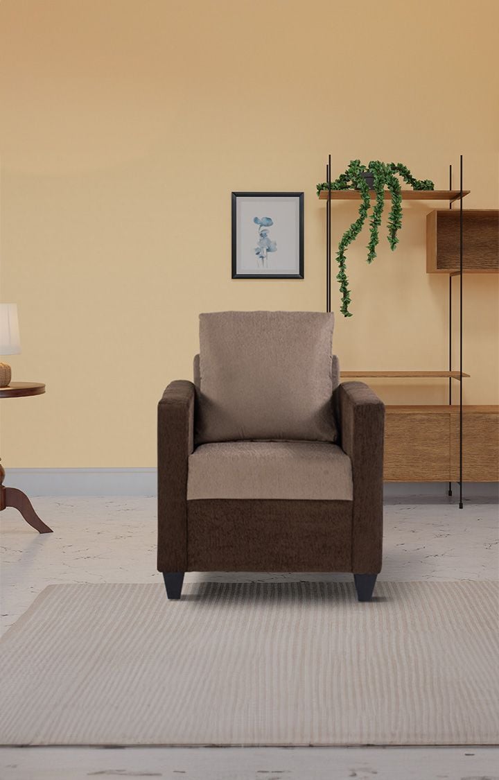 neudot Saya Sofa for Living Room | 1 Persons Sofa| Premium Fabric with Cushioned Armrest | 12 Months Warranty| Solid Wood Frame| 1 Seater in Saya Duo Brown Colour