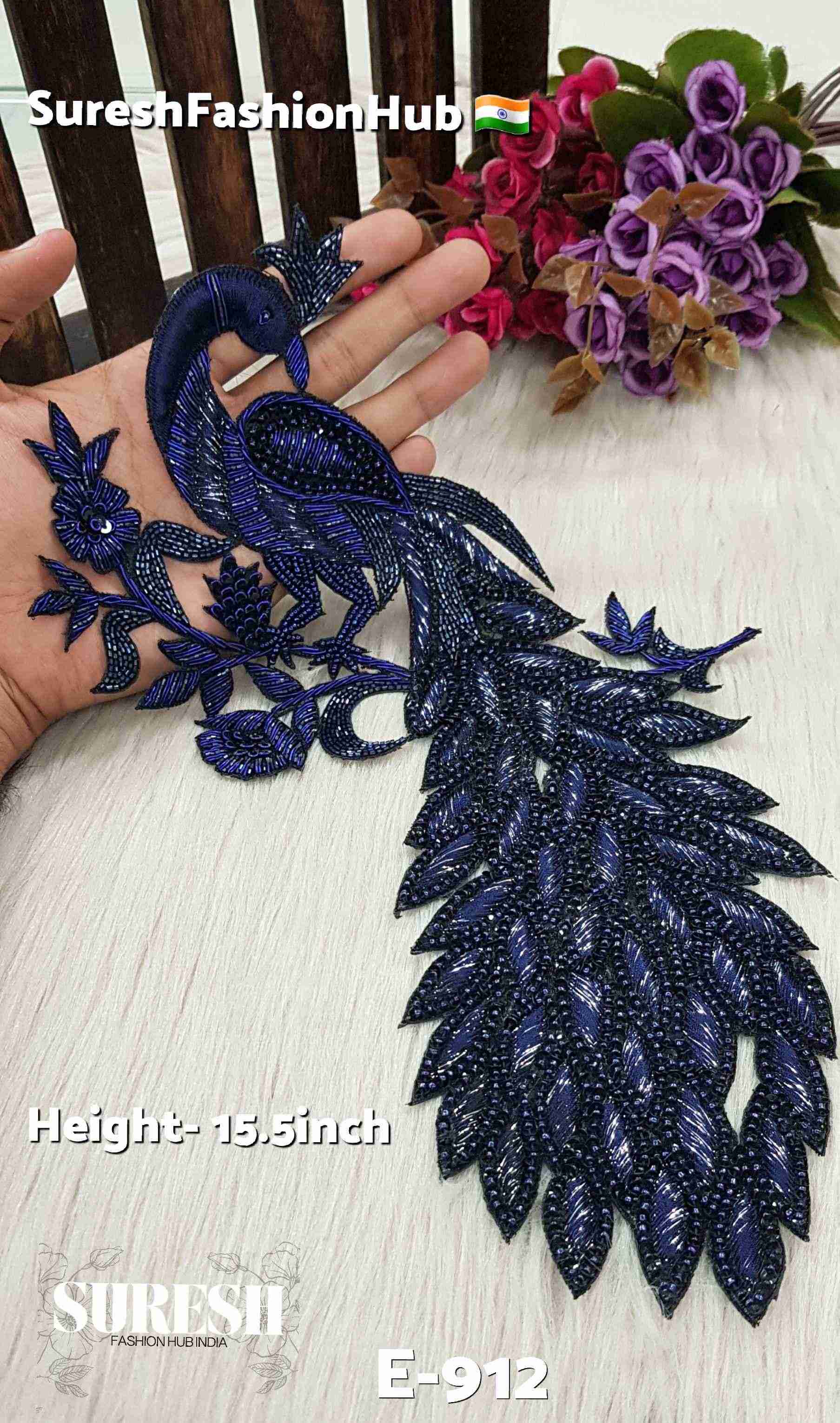 Navy Blue Sitting Peacock on Tree Branch Patch – E-912