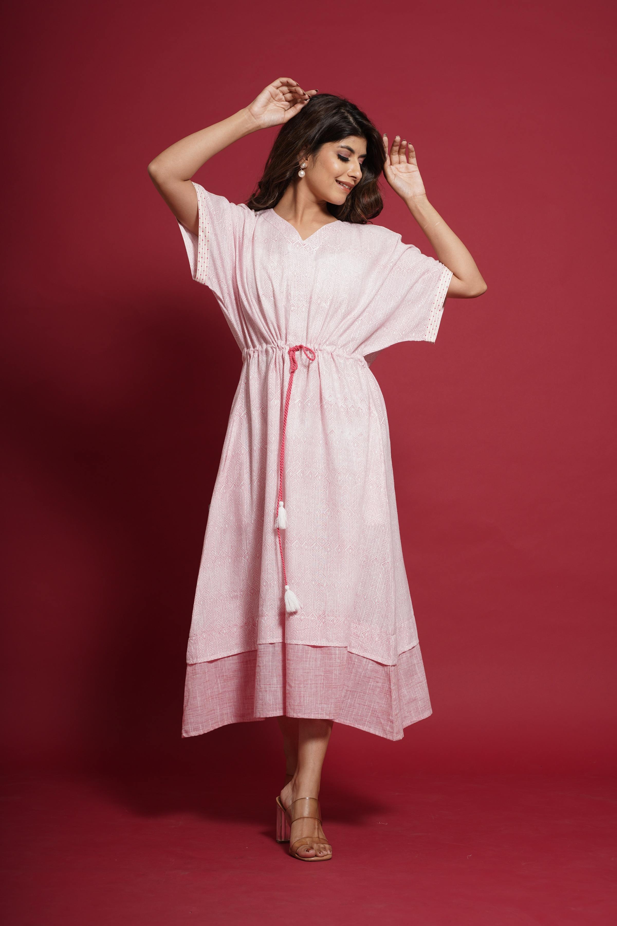 PINK BLOCK PRINT COTTON KAFTAN DRESS