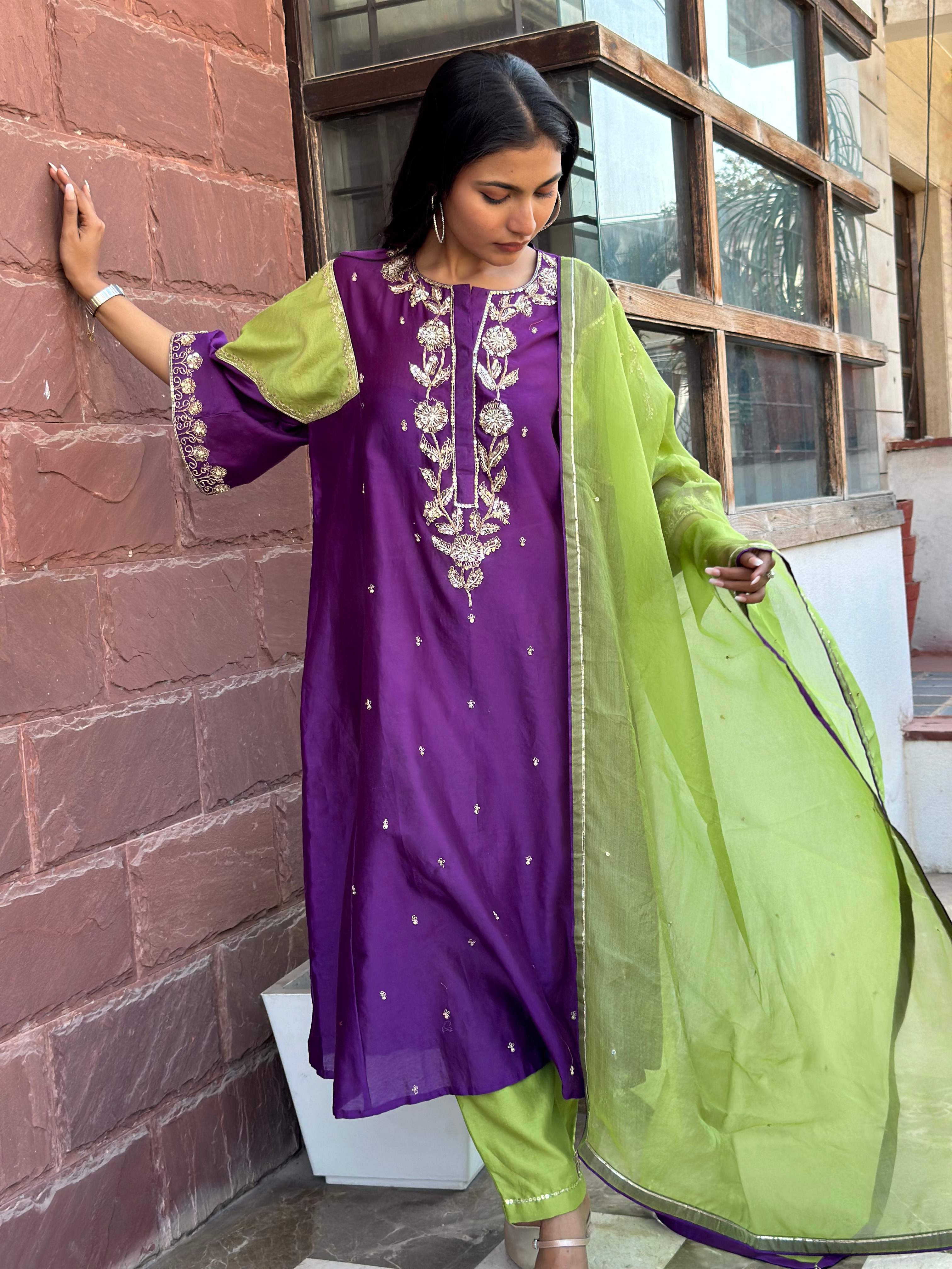 PURPLE-GREEN HANDWORK KURTA SET