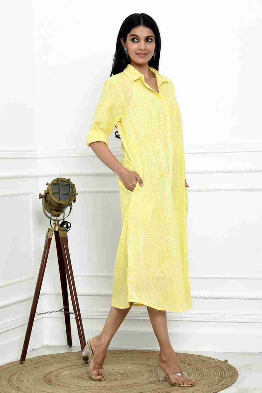 Naksh Yellow Orange Stripe Block Printed Long Shirt Kurta With Pockets