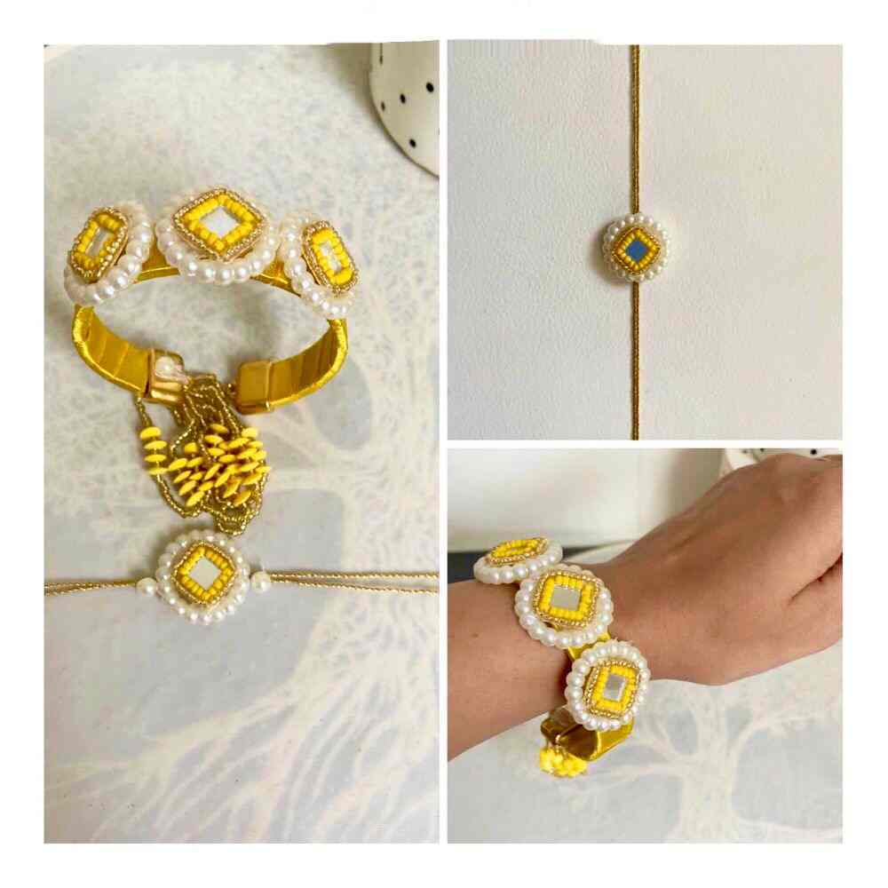 Kada style couple rakhi on yellow colour with beads and real mirror work