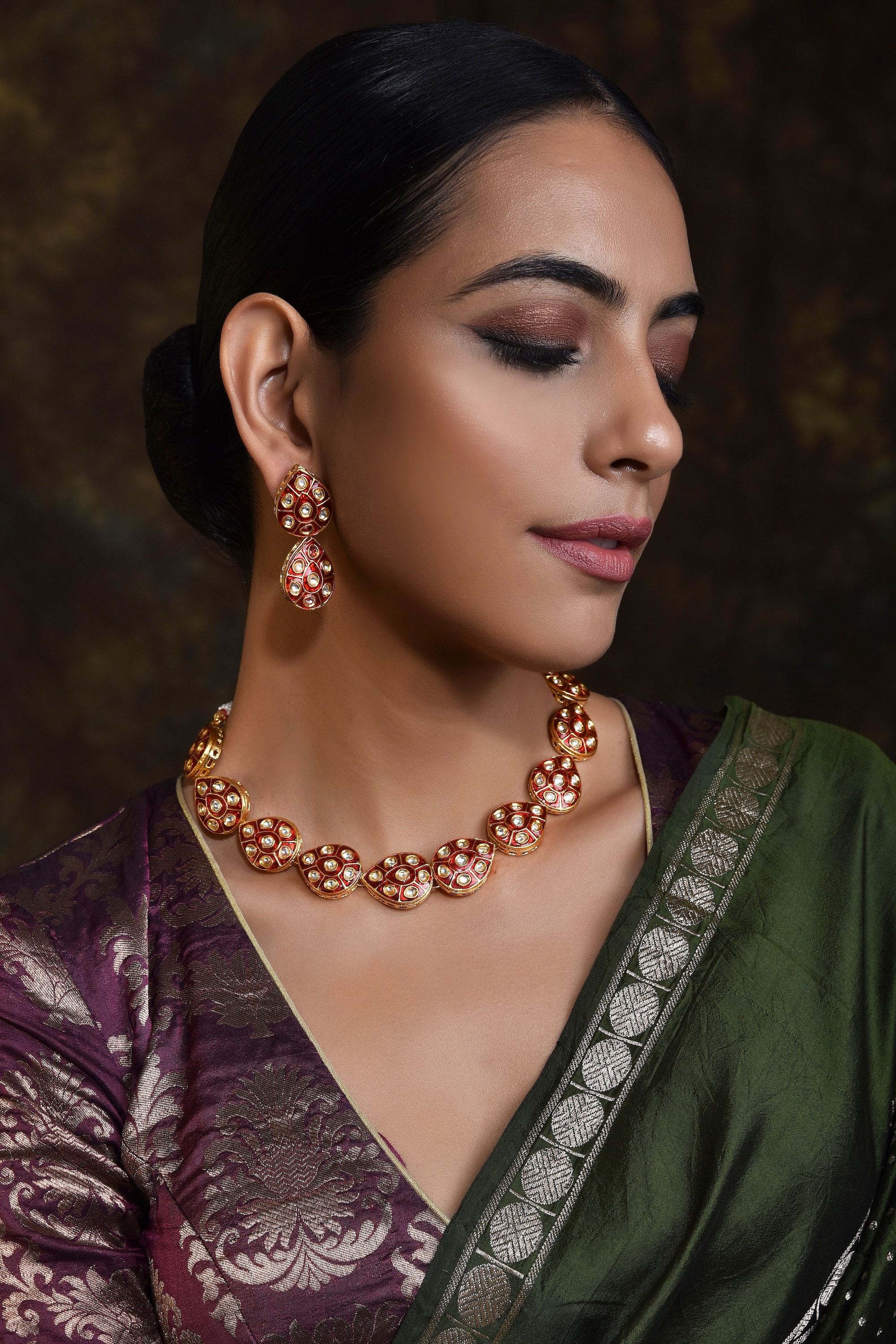 Swabhimann Jwellery | Red Gold Tone Kundan Meenakari Necklace Set 0