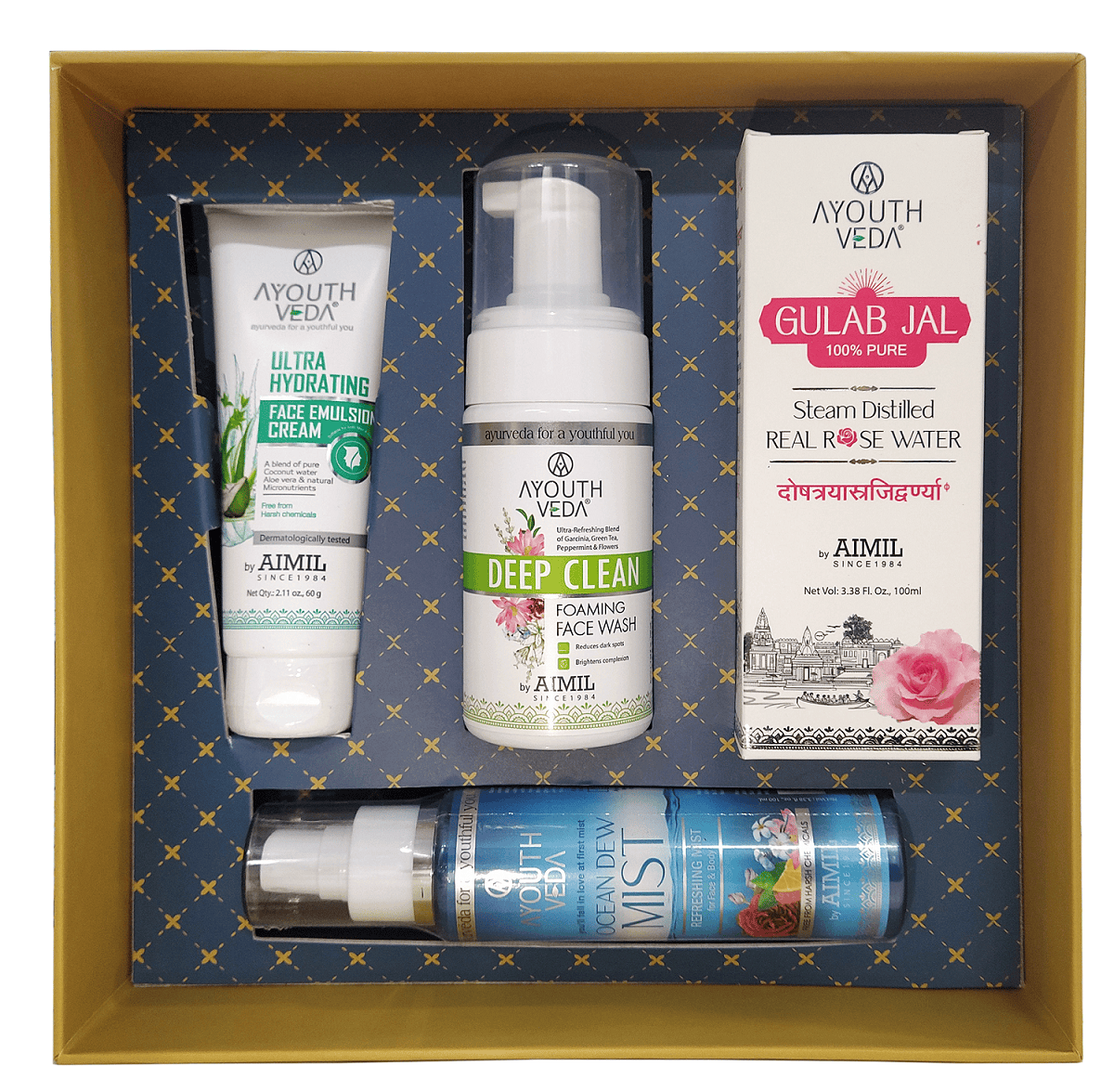 Archies | Archies Ayouthveda Advance Skin Hydrating Gift Set (Ultra Hydrating Face Emulsion Cream, Deep Clean Foaming Face Wash, Ocean Dew Mist, Rose Water) 1