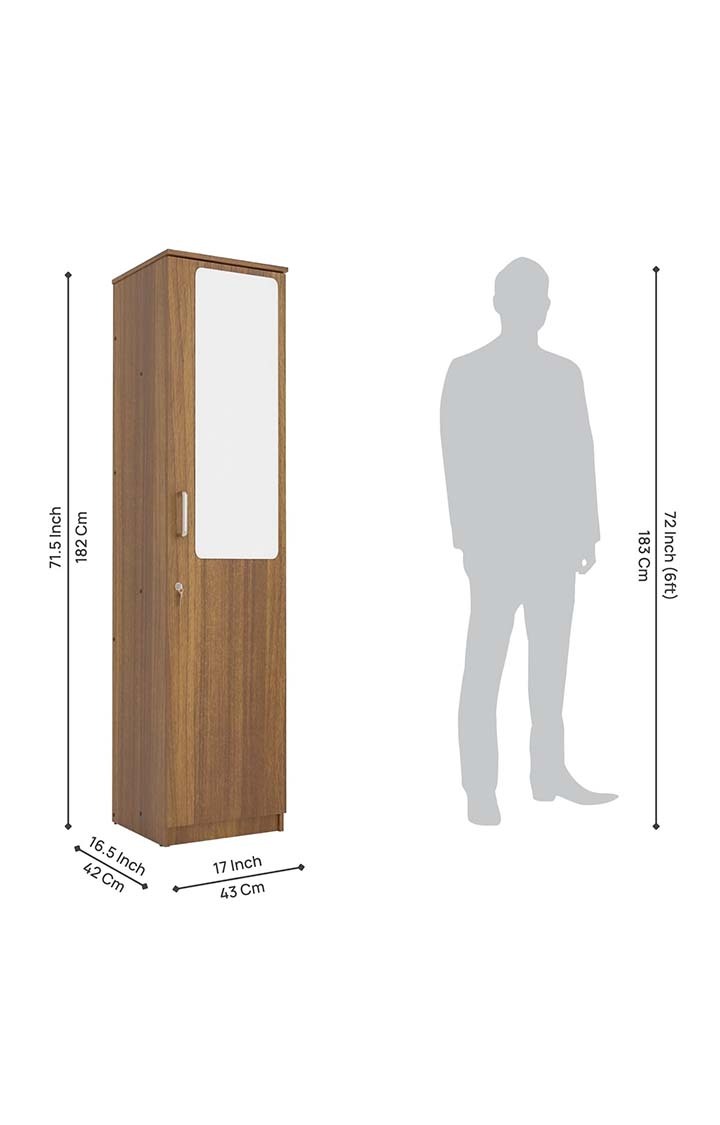 neudot Adona Engineered Wood Single Door Wardrobe with Mirror- Leon Teak