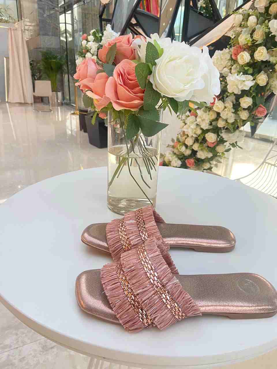 Rose Gold Frills Sliders Flat Sandal