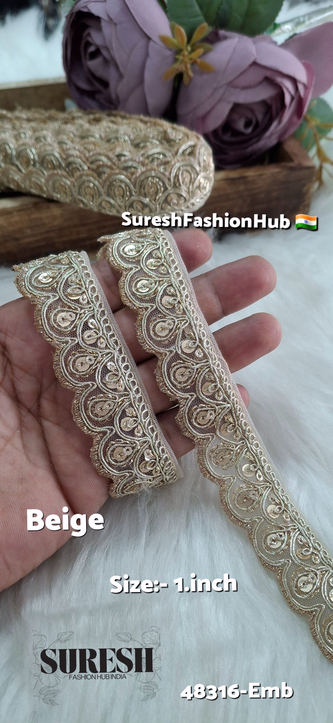 Beige Pearl Dori One Side Scallop Embroidery Lace