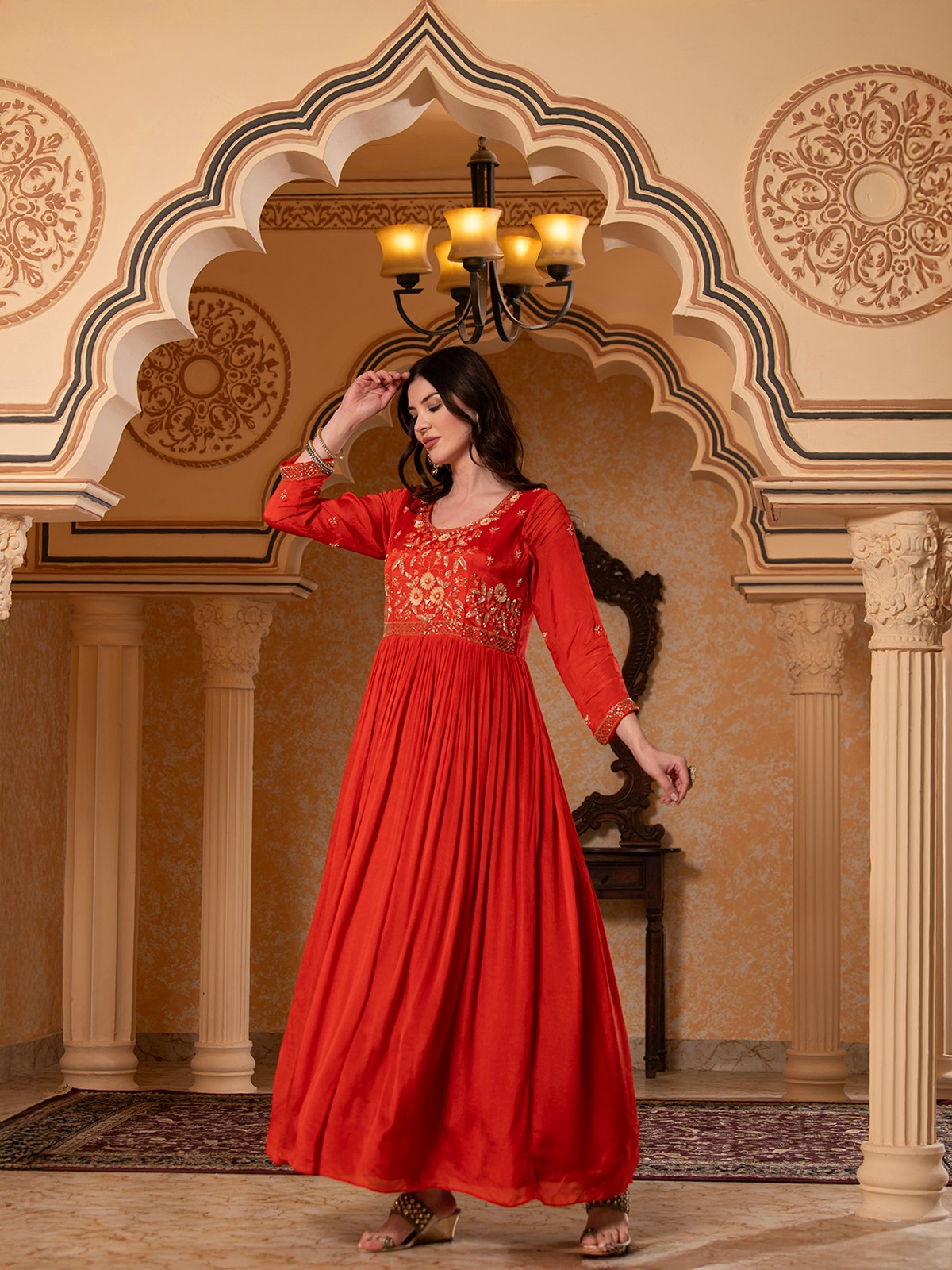 ALBION FANCY LADIES ETHNIC ORANGE KURTI SET