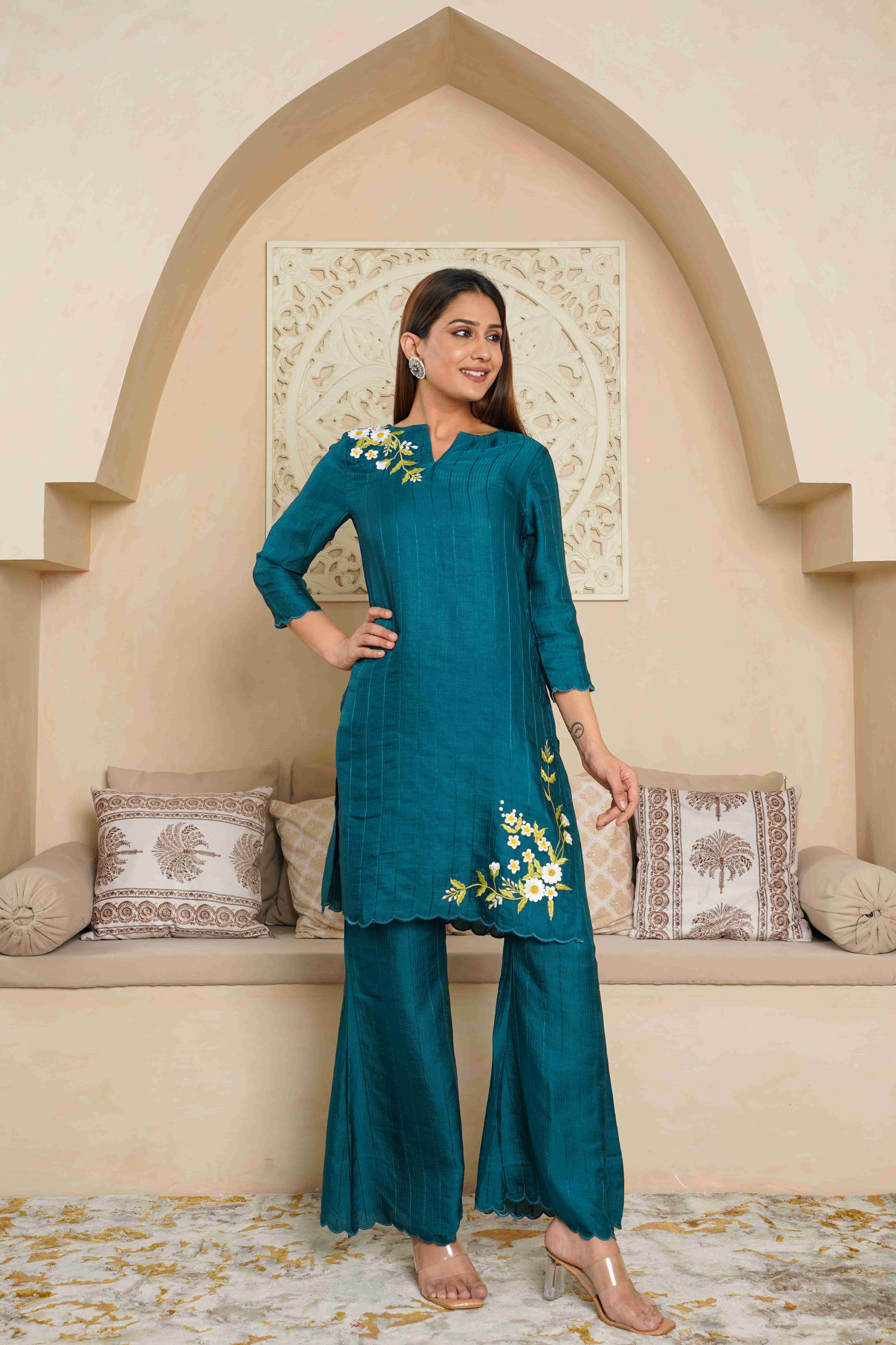 SELF DESIGN SOLID FLORAL EMBROIDERED CO-ORD SET