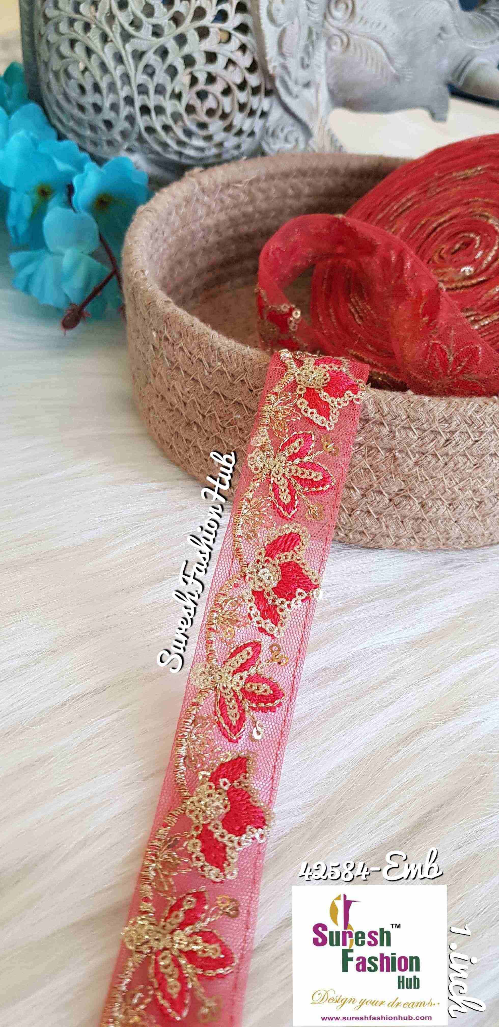 Leafy Loom Salmon Pink Mesh Designer Trim
