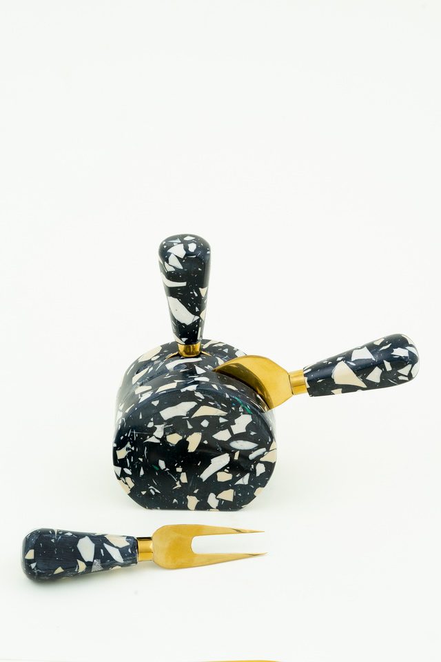 Black terrazzo cheese knives with stand