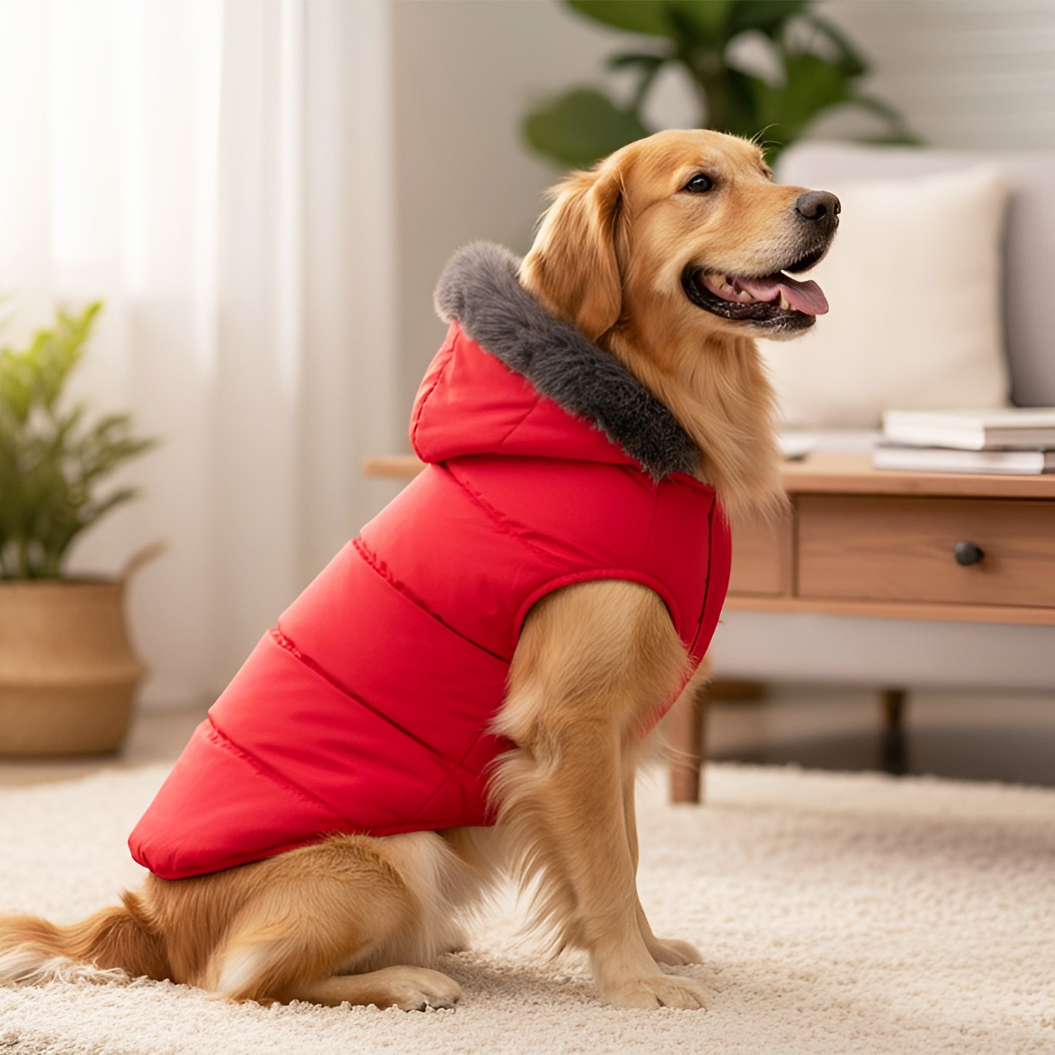 Ezra Fur Winter Jacket for Dogs, Cozy, Ultra Warm, and Water Resistant with Velcro Closure (Red)
