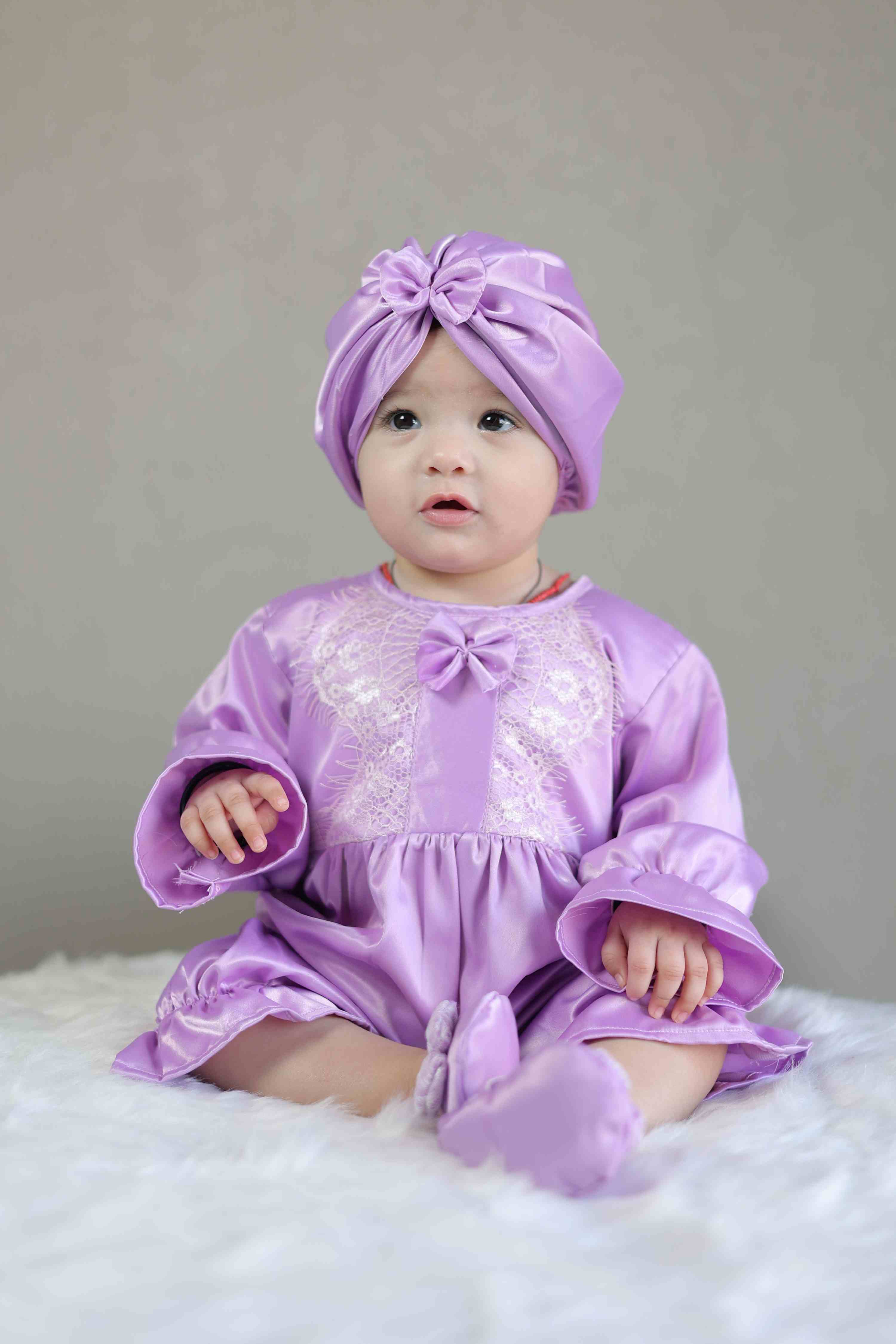 Lilac Glow Baby Romper and Turban Set