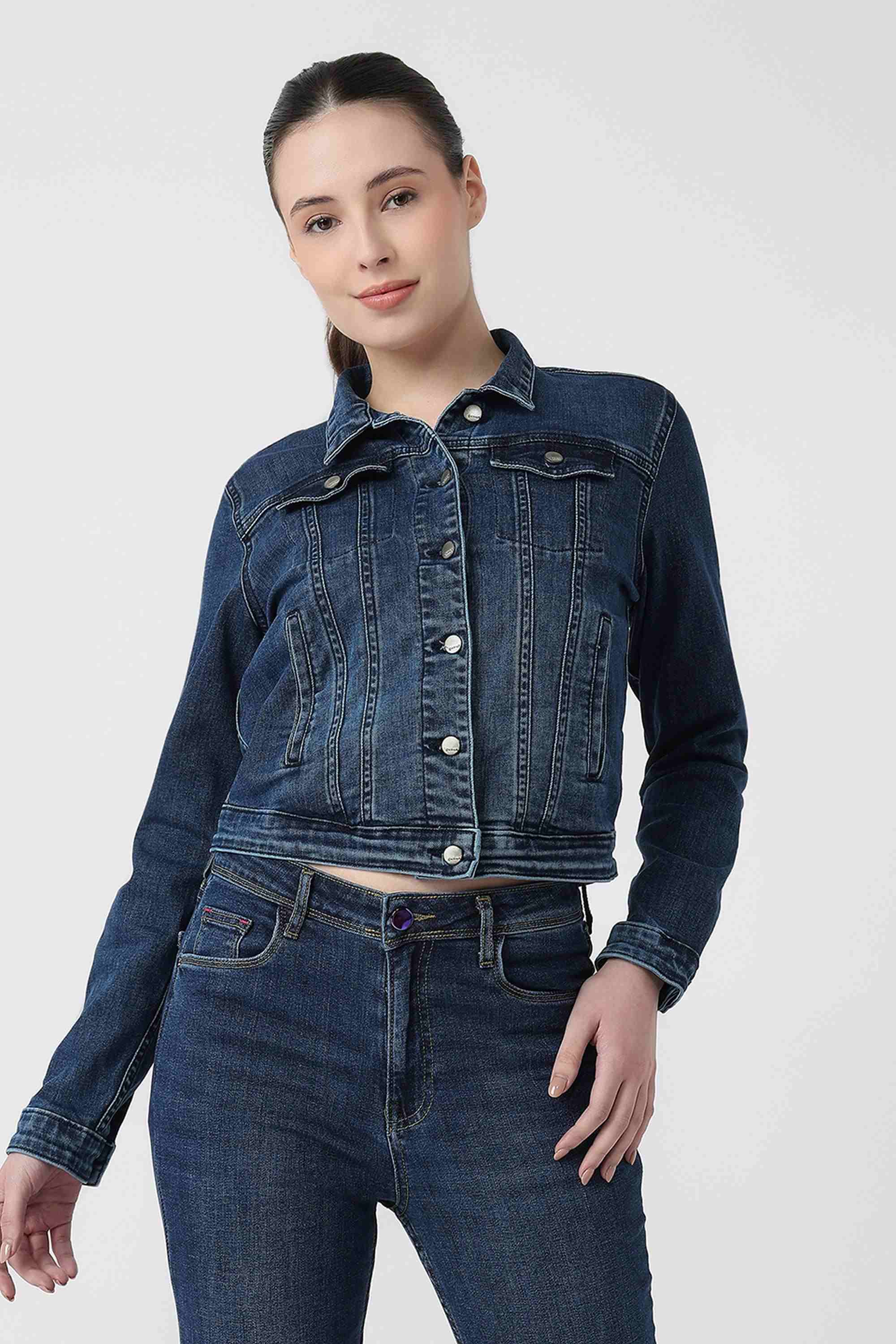 Solid Blended Fabric Collared Women's Jacket