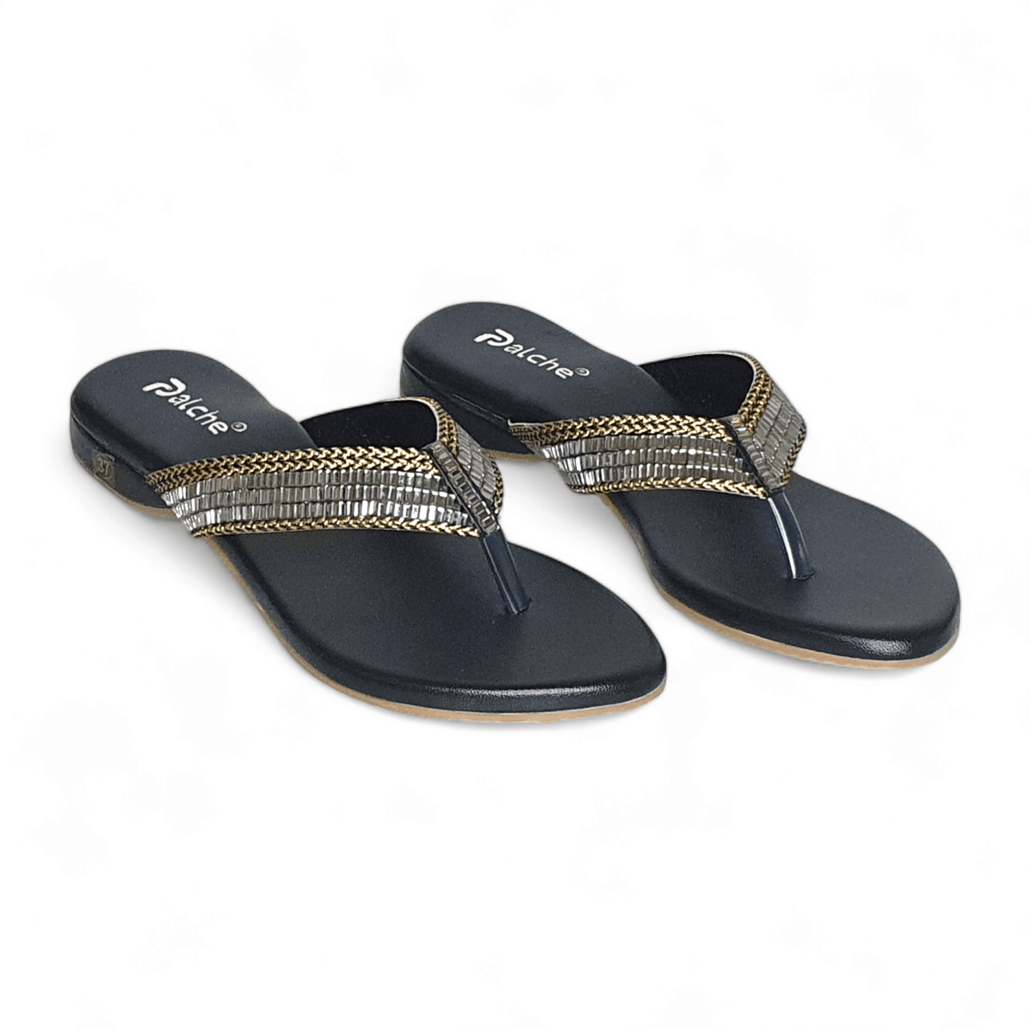 Intricate Black & Gold/Silver Flat Slippers