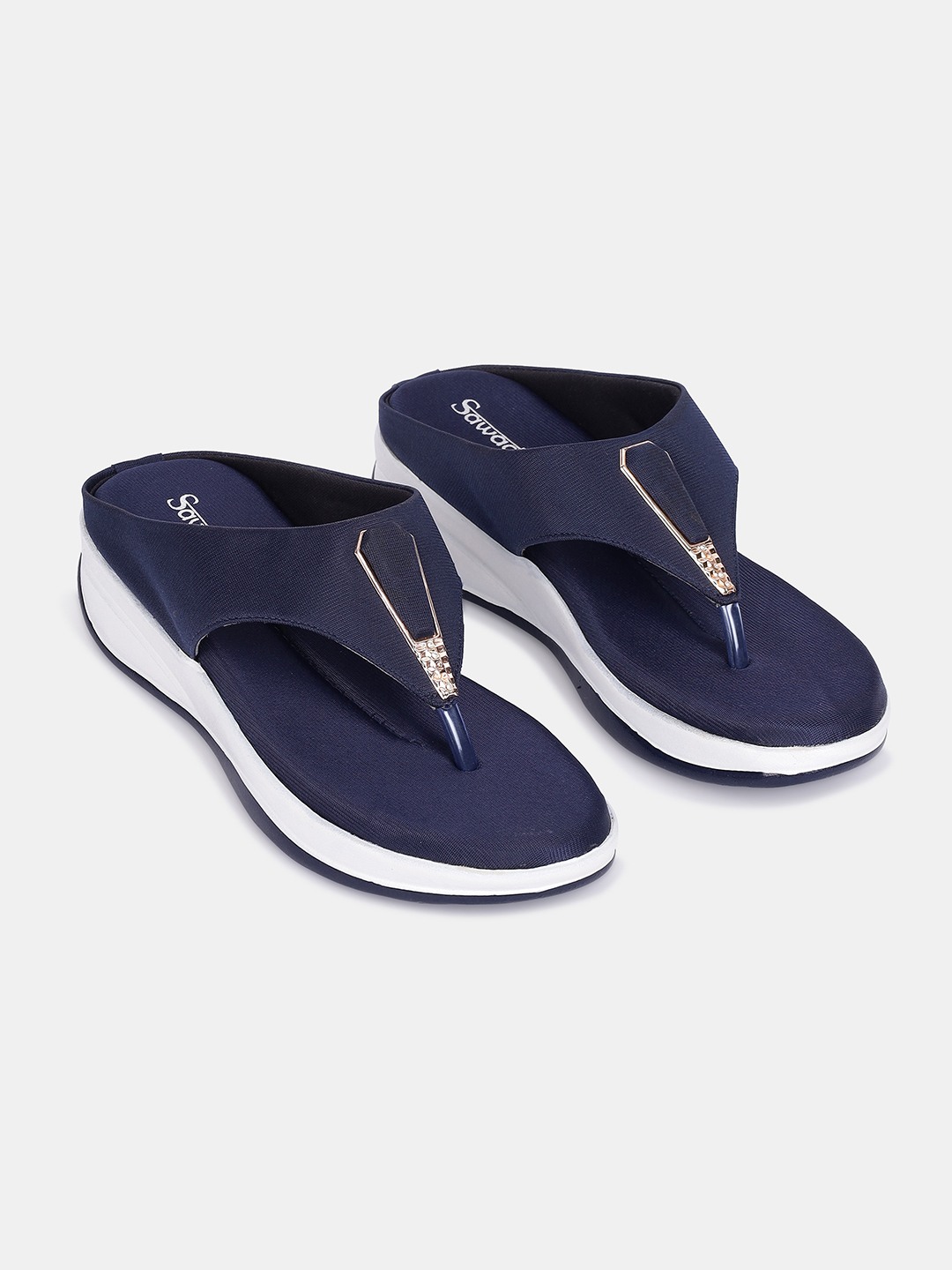 Comfortable Blue Thong Wedge Sandals with Metal