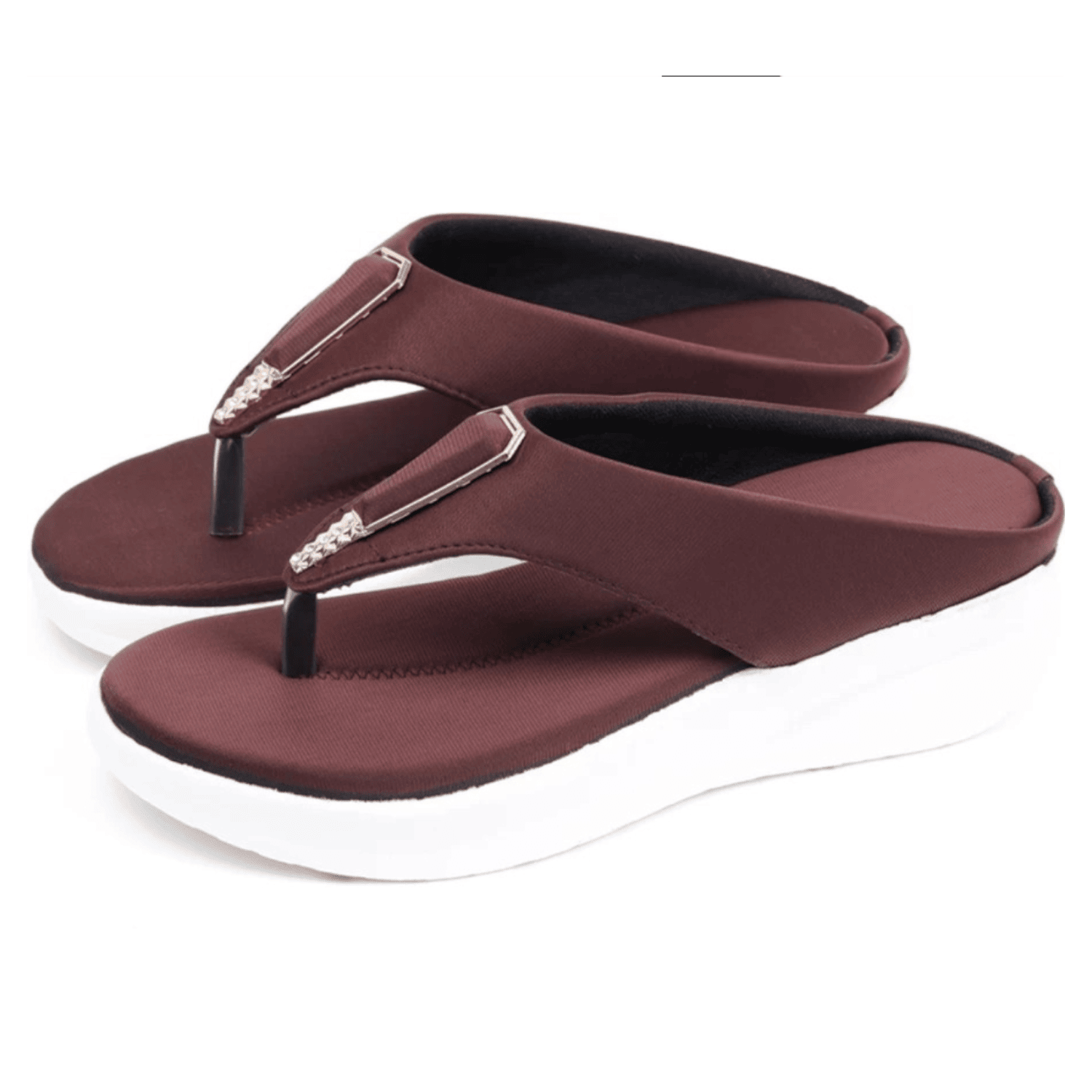Chic Maroon Wedge Thong Sandals with Rhinestone Detail
