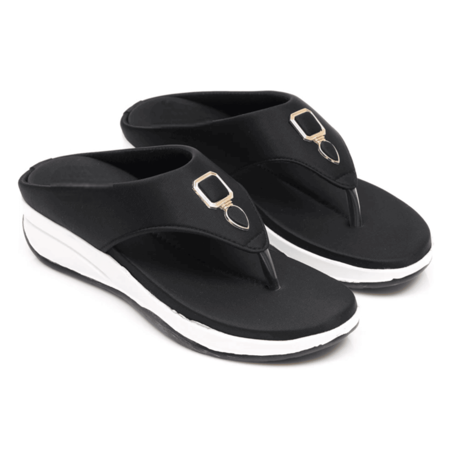 Comfortable Black Thong Wedge Sandals with Buckle