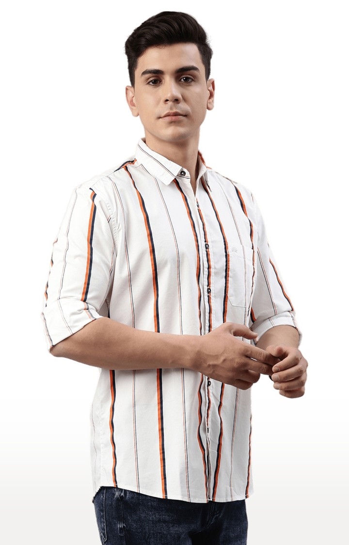 Chennis | Men's White Cotton Blend Striped Casual Shirt 2