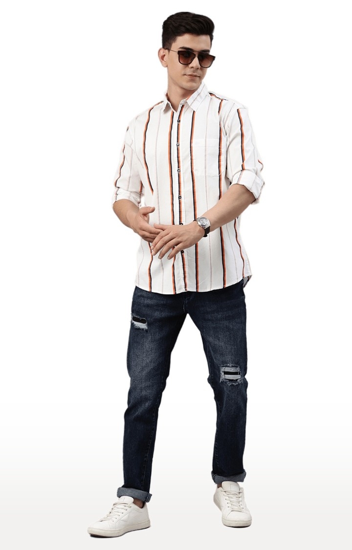 Chennis | Men's White Cotton Blend Striped Casual Shirt 1