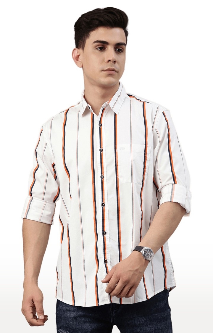 Chennis | Men's White Cotton Blend Striped Casual Shirt 0