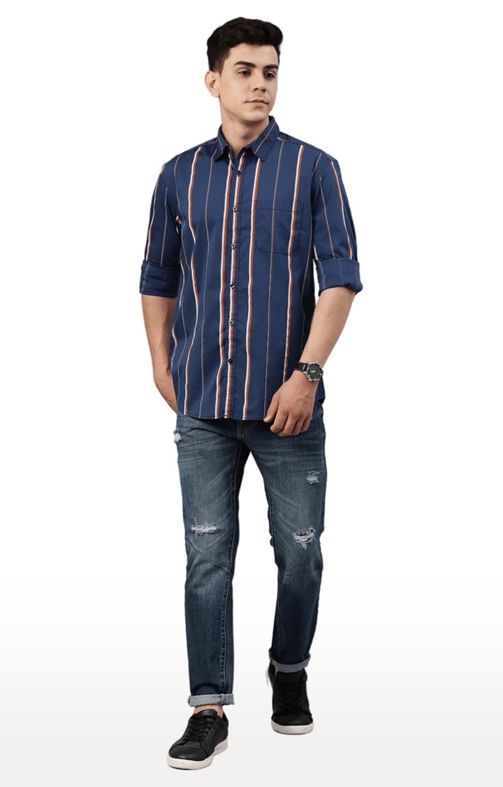 Chennis | Men's Navy Cotton Blend Striped Casual Shirt 1