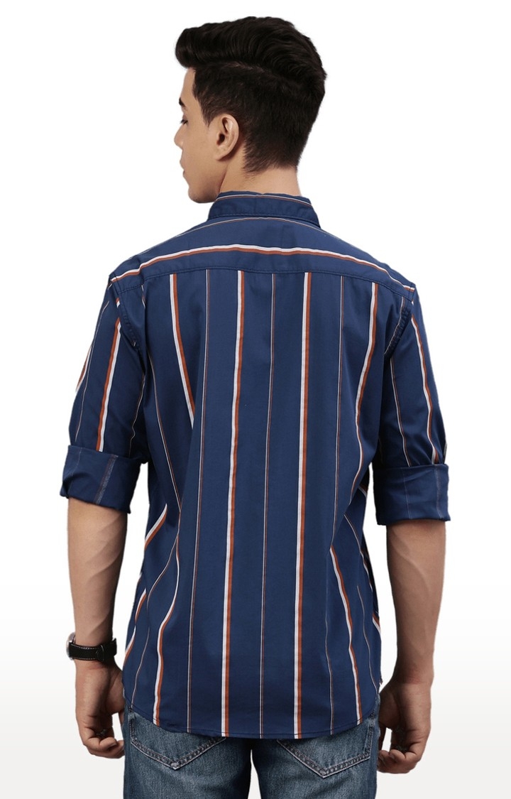 Chennis | Men's Navy Cotton Blend Striped Casual Shirt 3