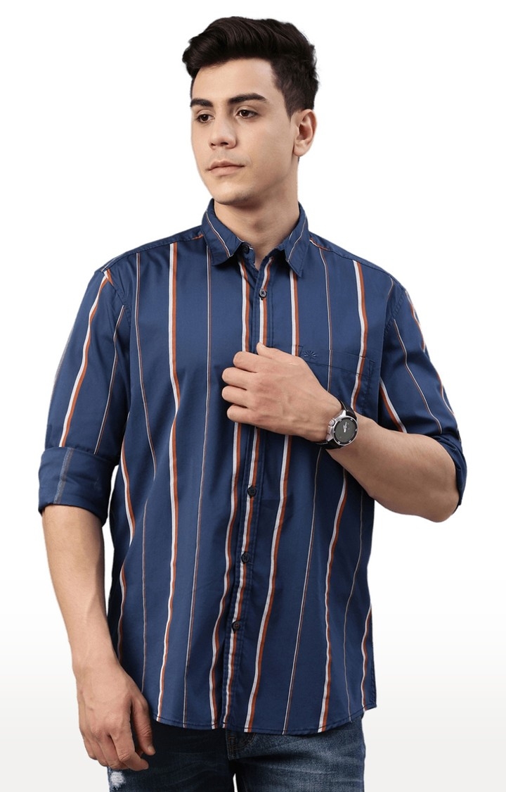 Chennis | Men's Navy Cotton Blend Striped Casual Shirt 0