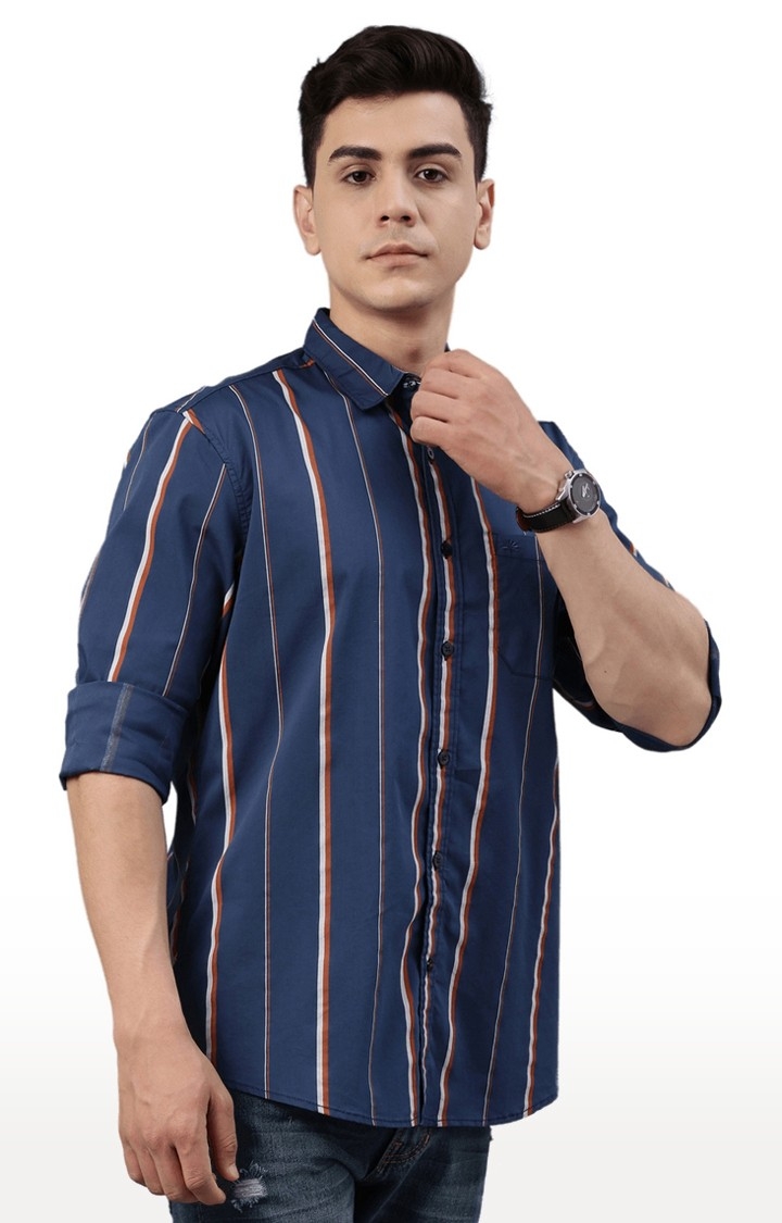 Chennis | Men's Navy Cotton Blend Striped Casual Shirt 2