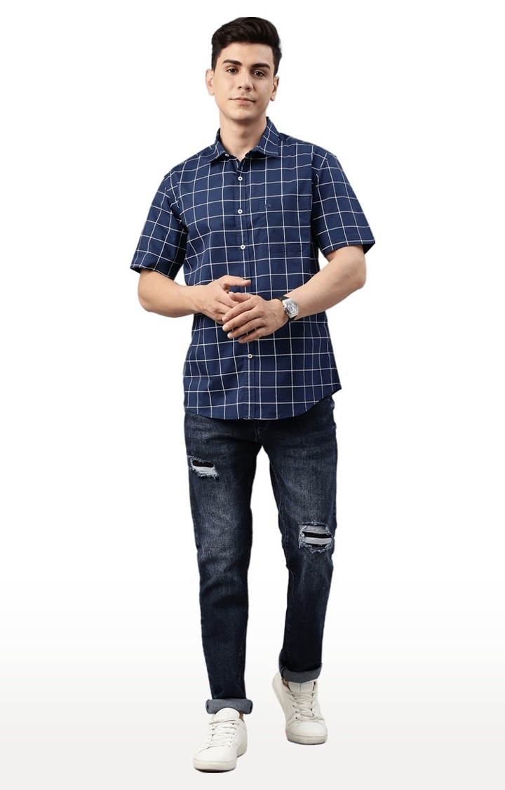 Chennis | Men's Navy Cotton Blend Checked Casual Shirt 1