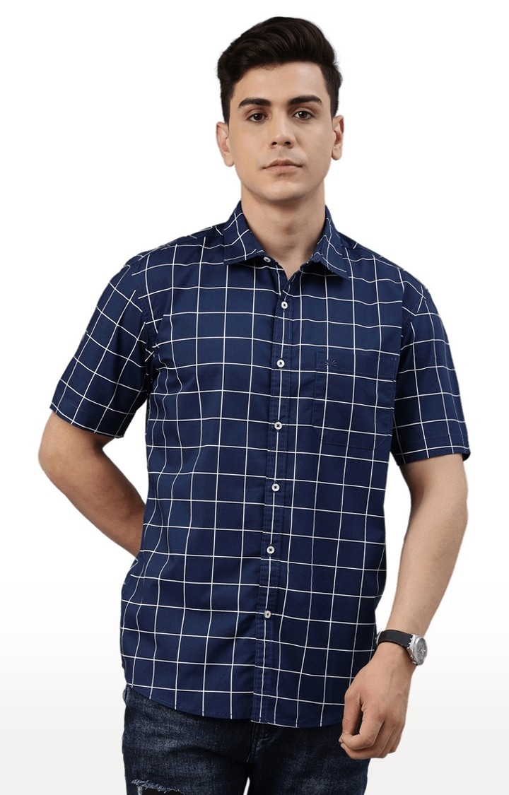 Chennis | Men's Navy Cotton Blend Checked Casual Shirt 0