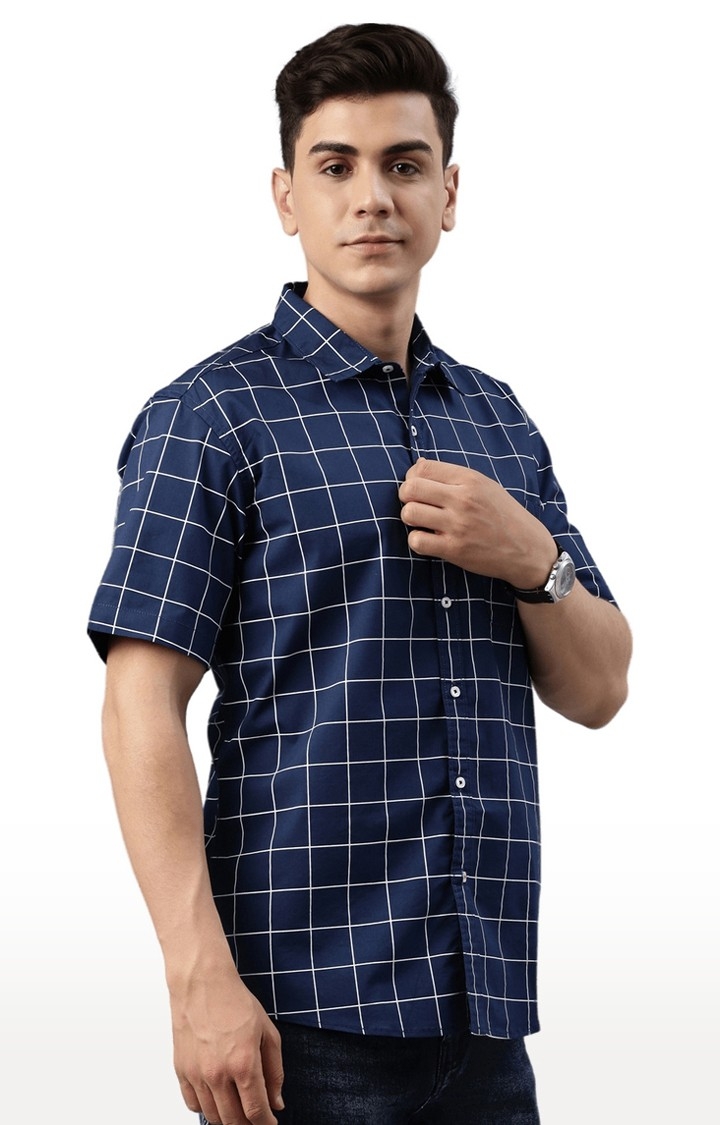 Chennis | Men's Navy Cotton Blend Checked Casual Shirt 2