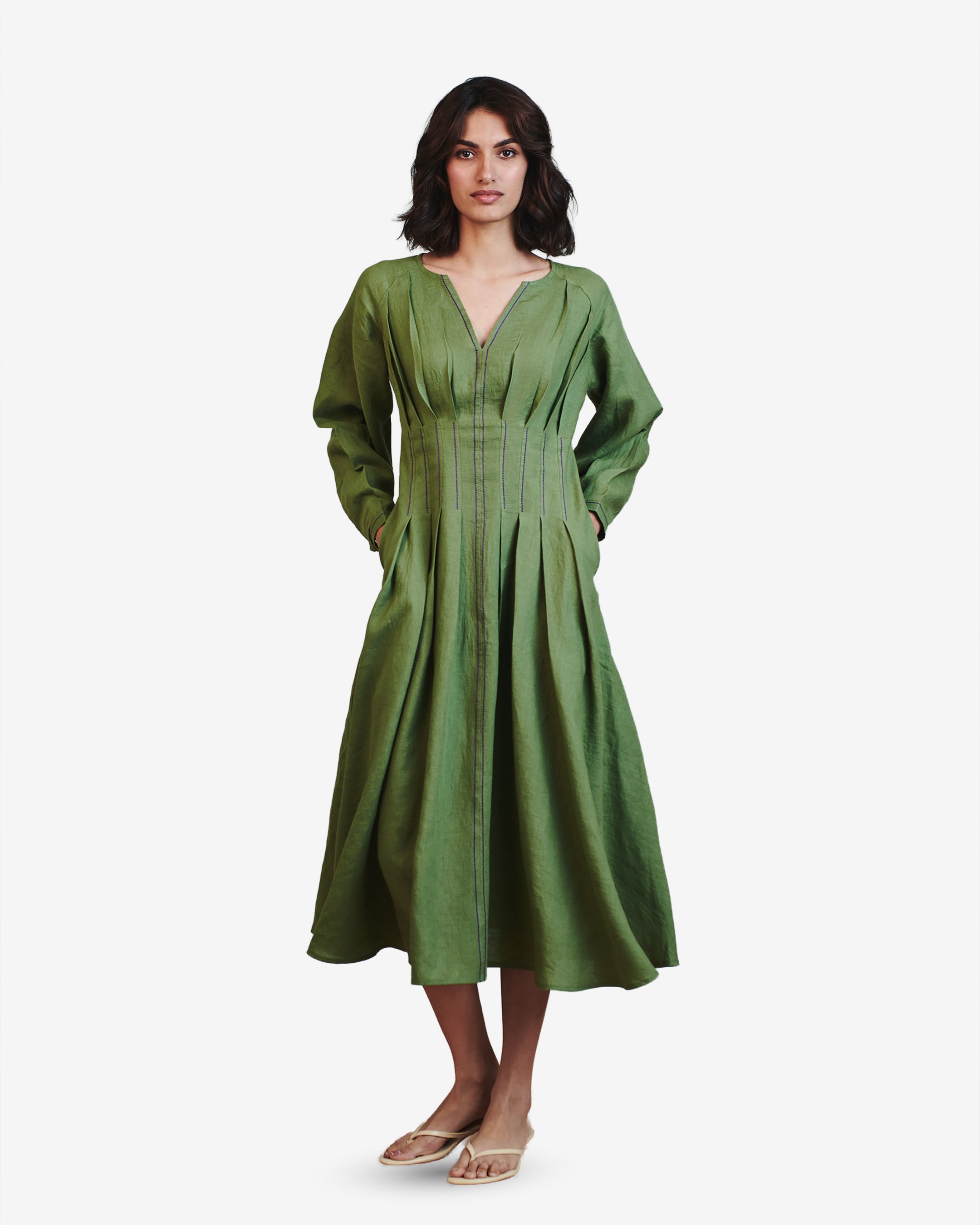 Pleated Waist Linen Dress