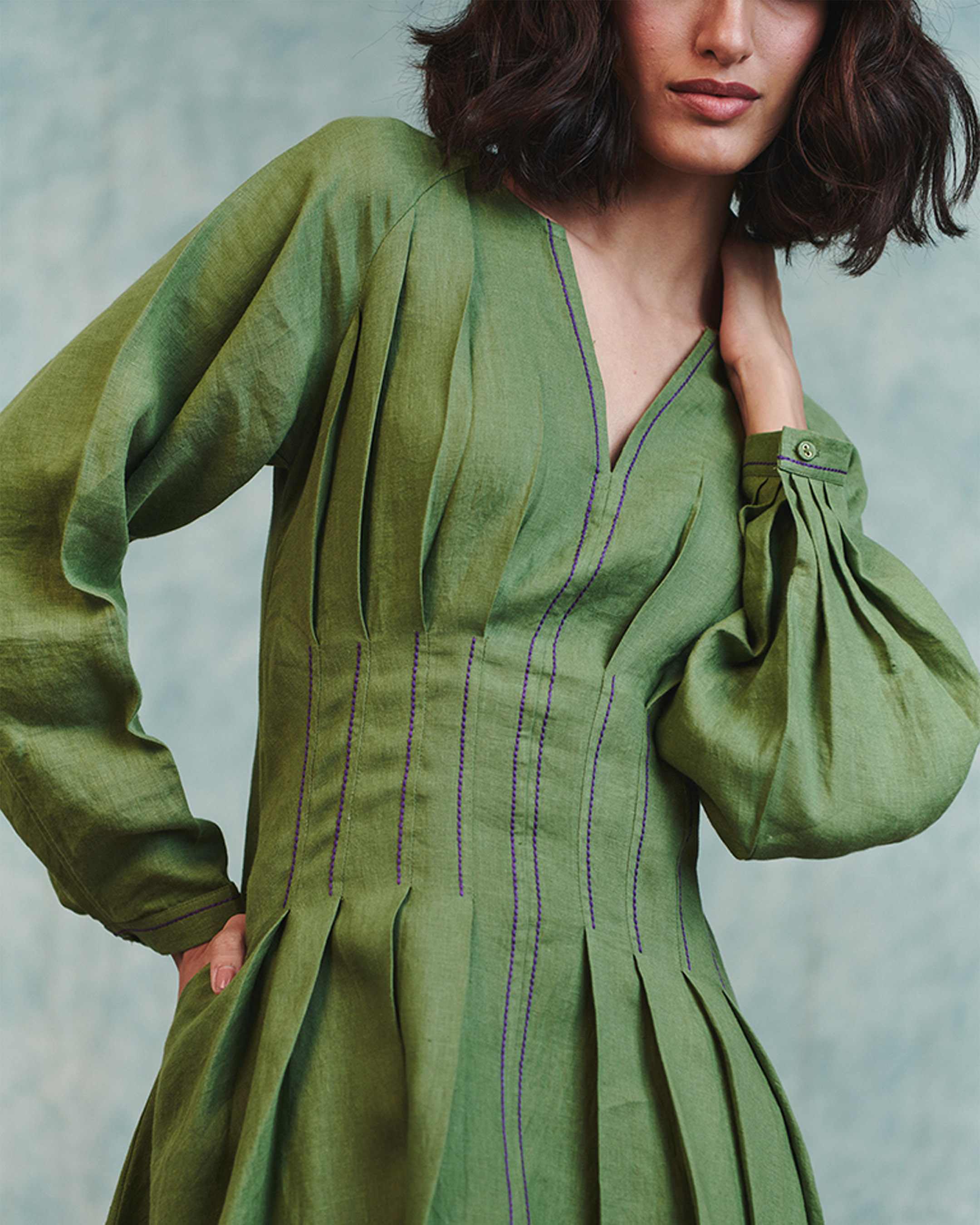 Pleated Waist Linen Dress
