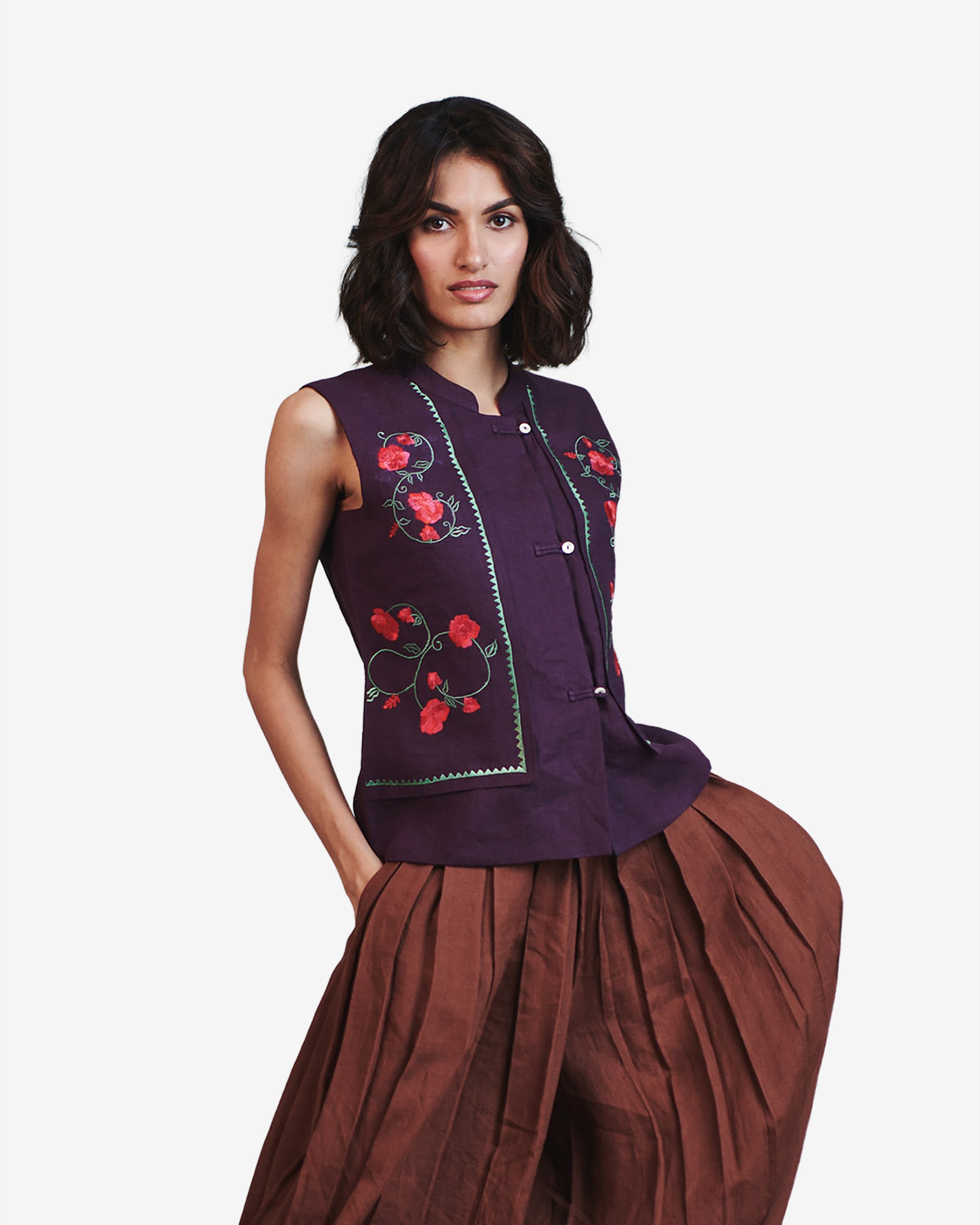 Embroidered Double Panel Linen Waistcoat