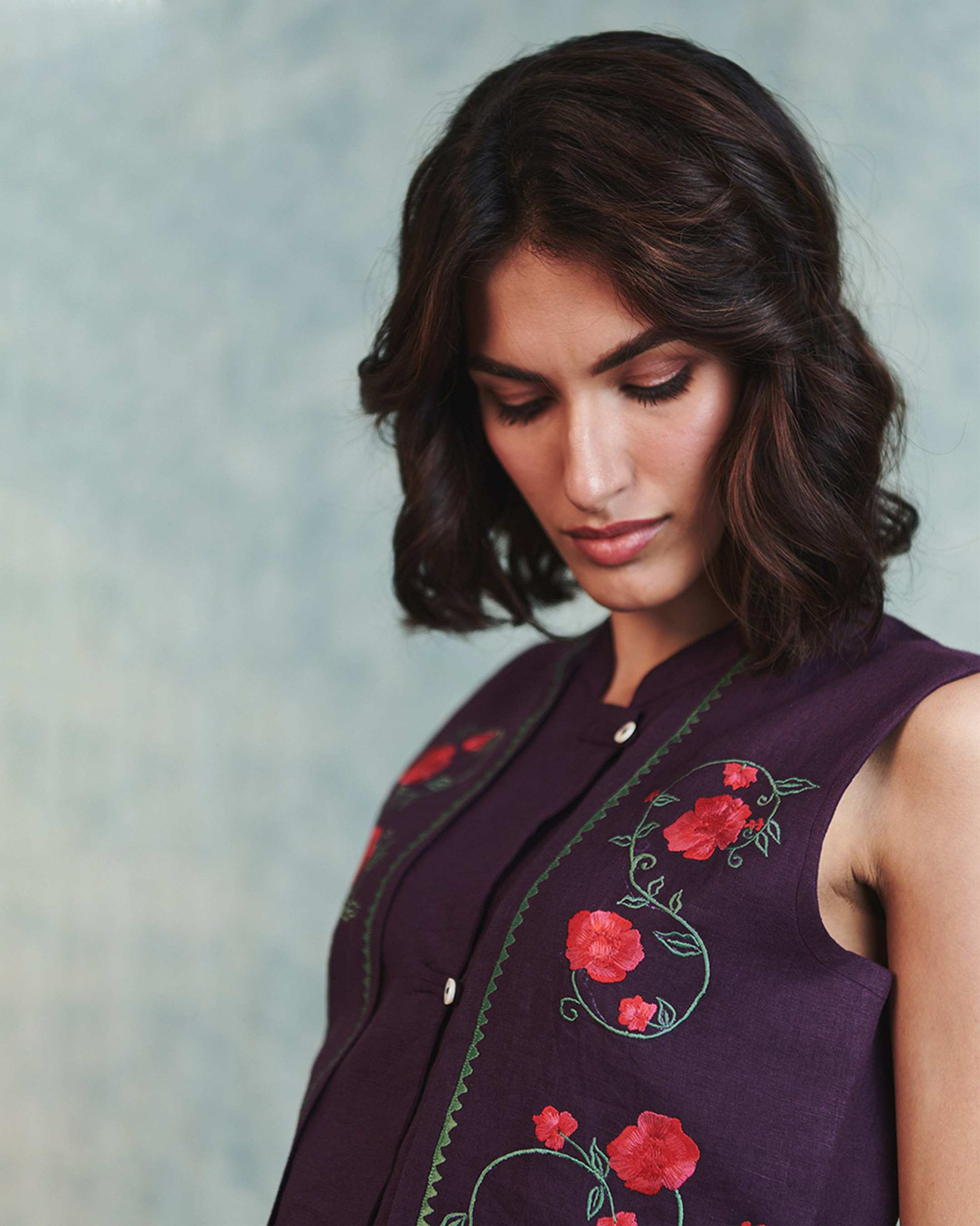 Embroidered Double Panel Linen Waistcoat