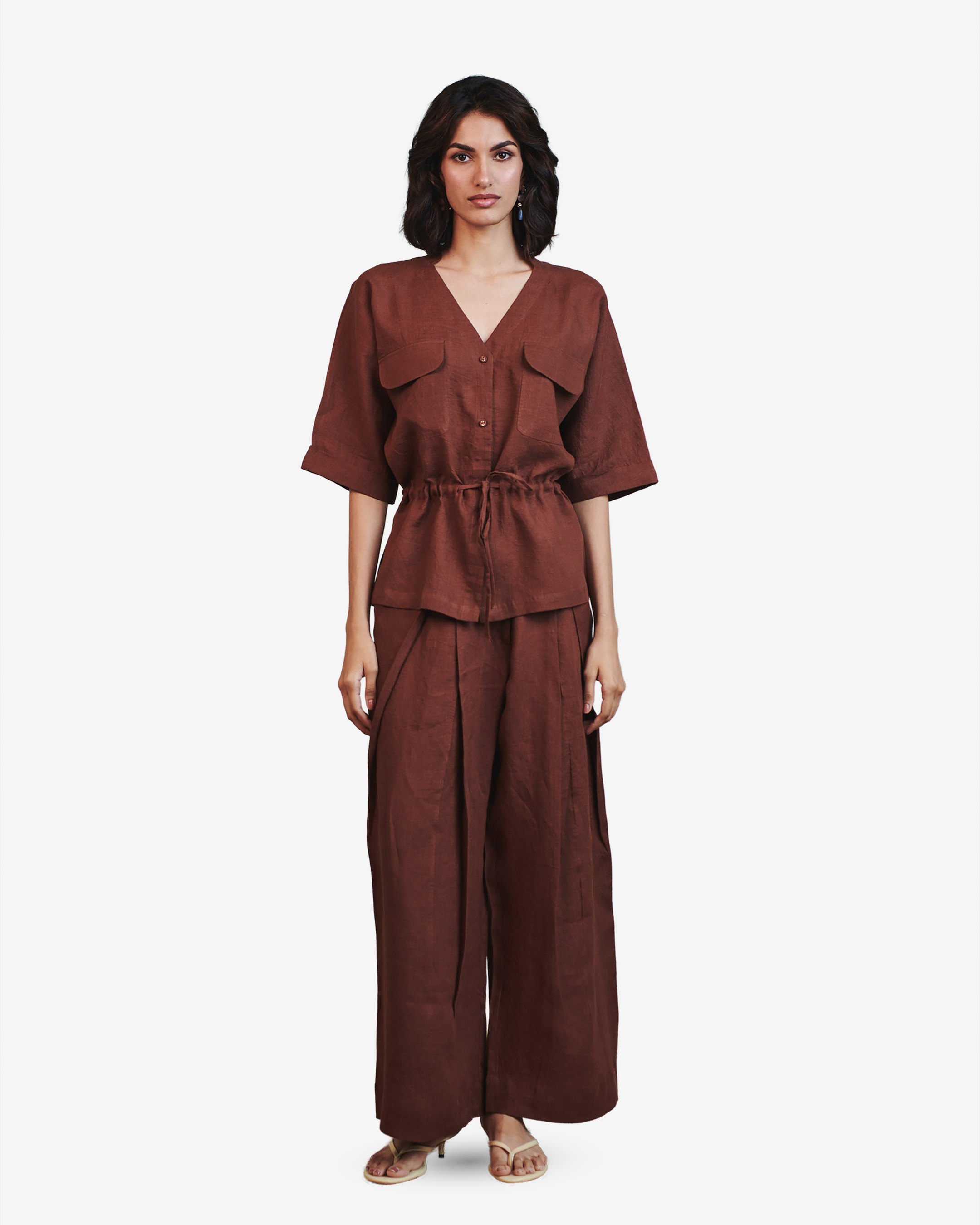 Drawstring Shirt Tuck Pants Set