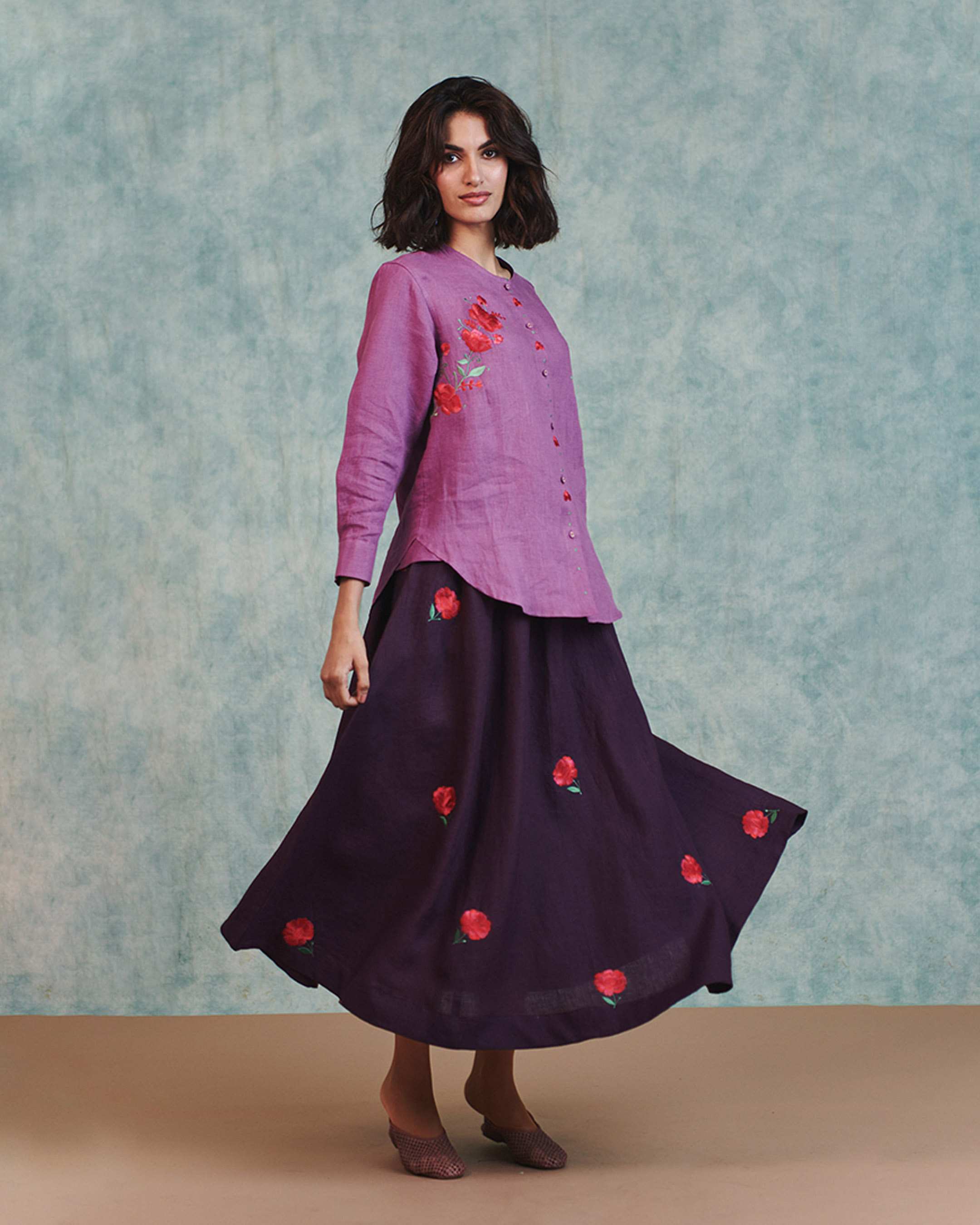 Embroidered Flared Linen Skirt