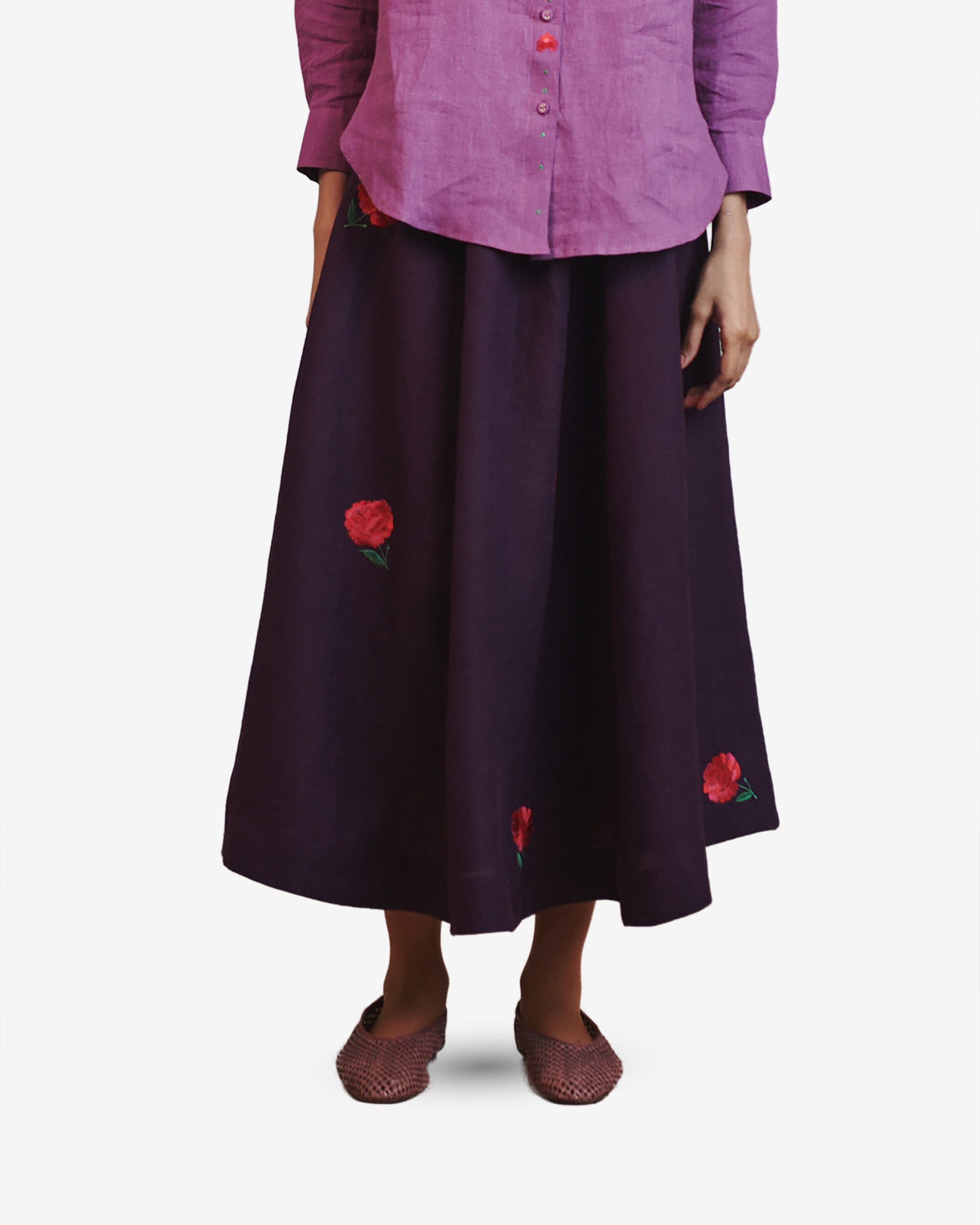 Embroidered Flared Linen Skirt